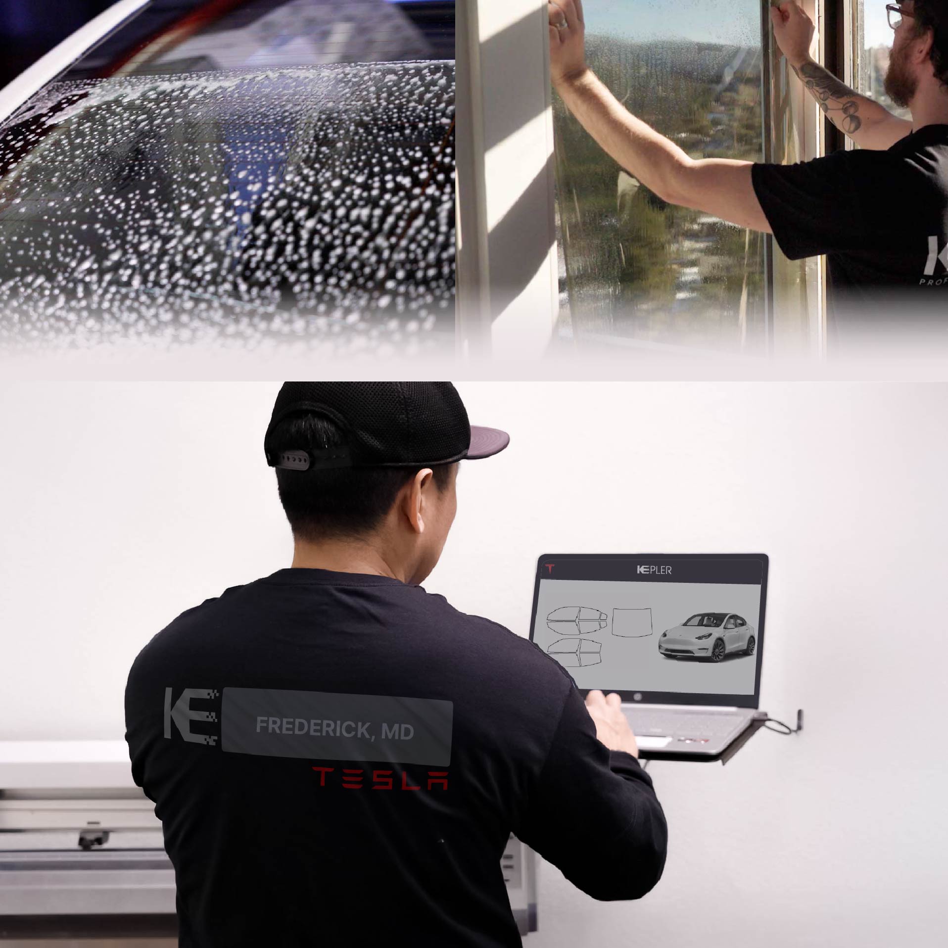 Kepler Technician Applying Ceramic Window Tint to Tesla in Frederick