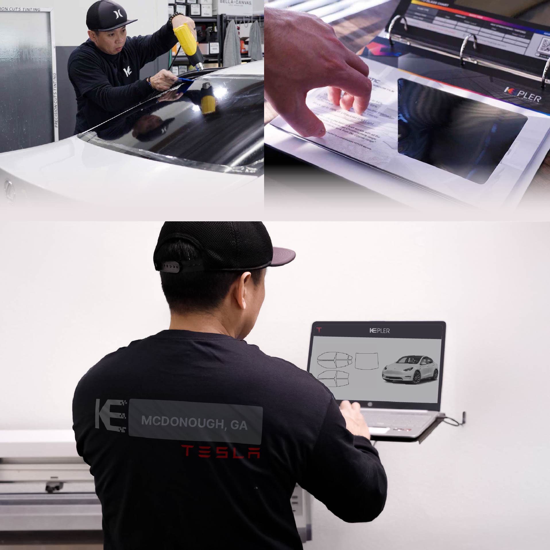 Expert Technician Fitting High-tech Window Tint to Tesla in McDonough