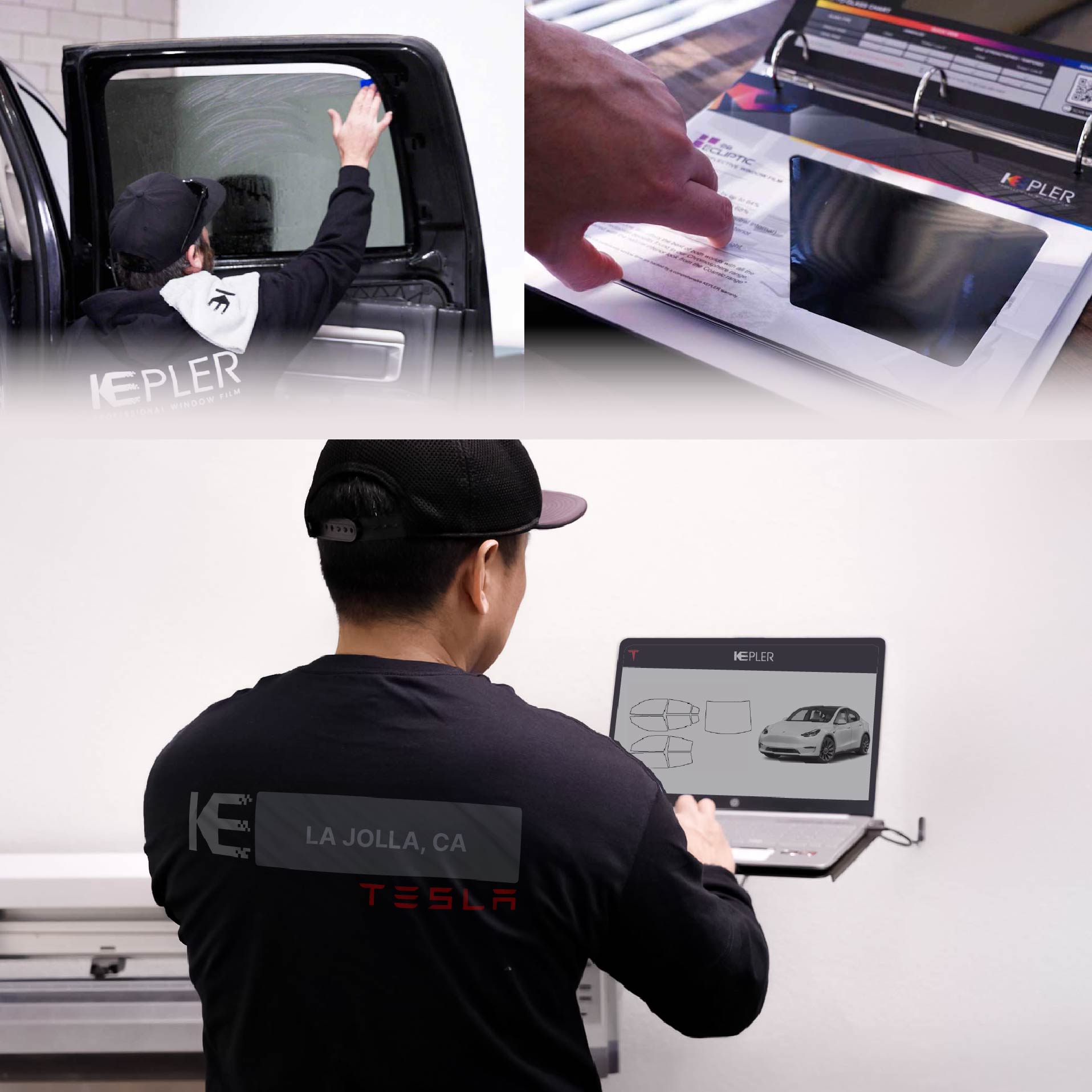 Kepler Technician Applying High-tech Window Tint to Tesla in La Jolla