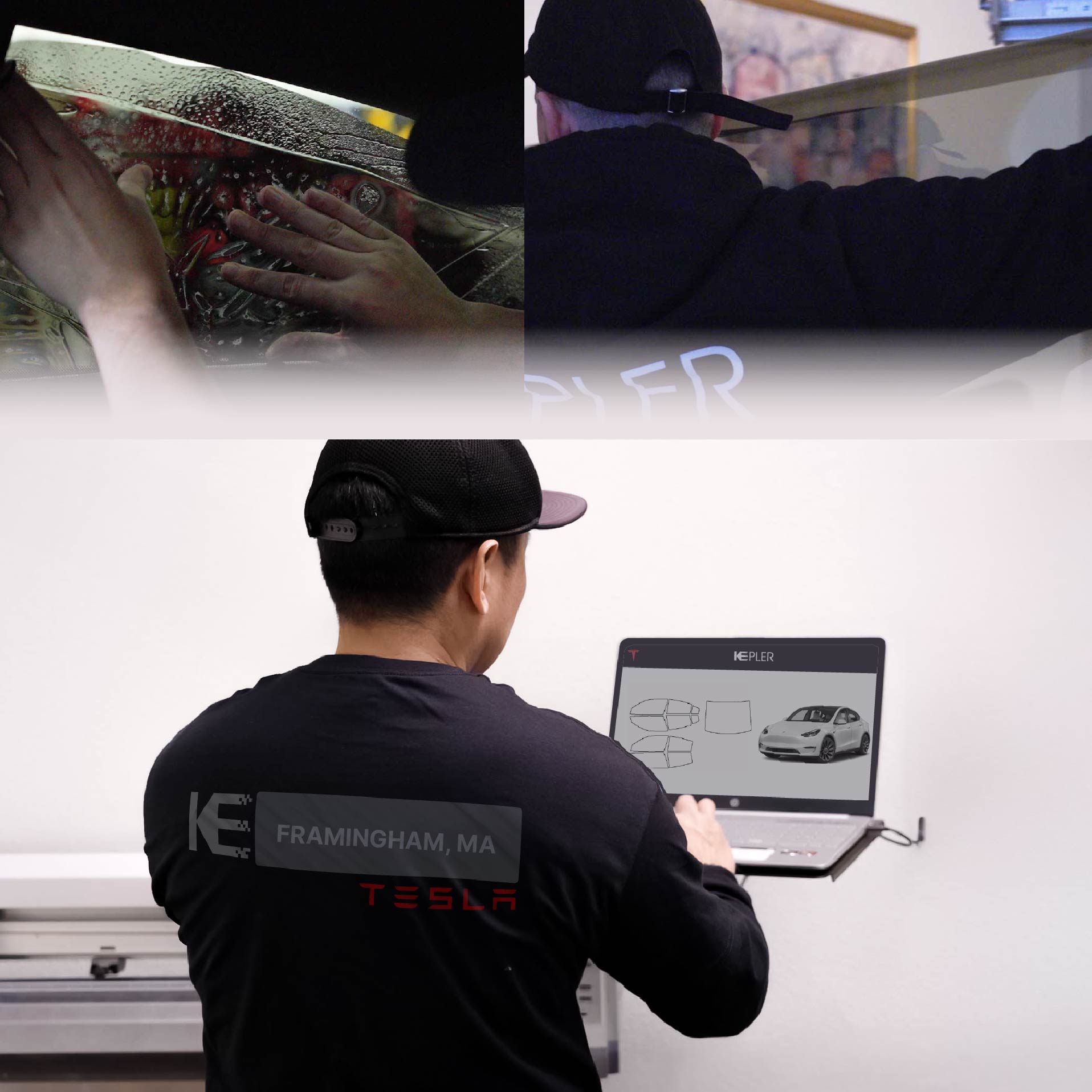 Kepler Technician Fitting Advanced Window Tint to Tesla in Framingham
