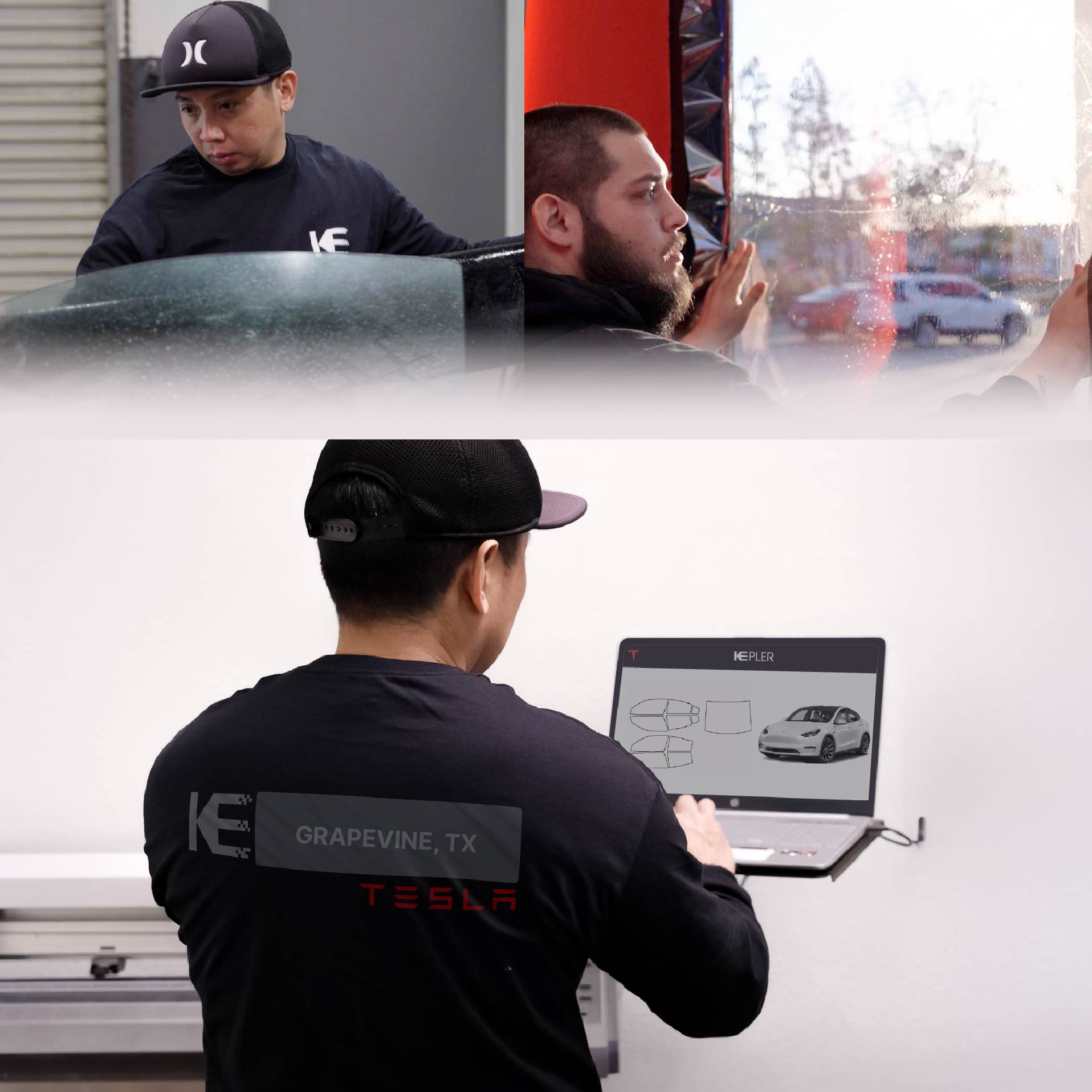 Kepler Technician Applying Advanced Window Tint to Tesla in Grapevine