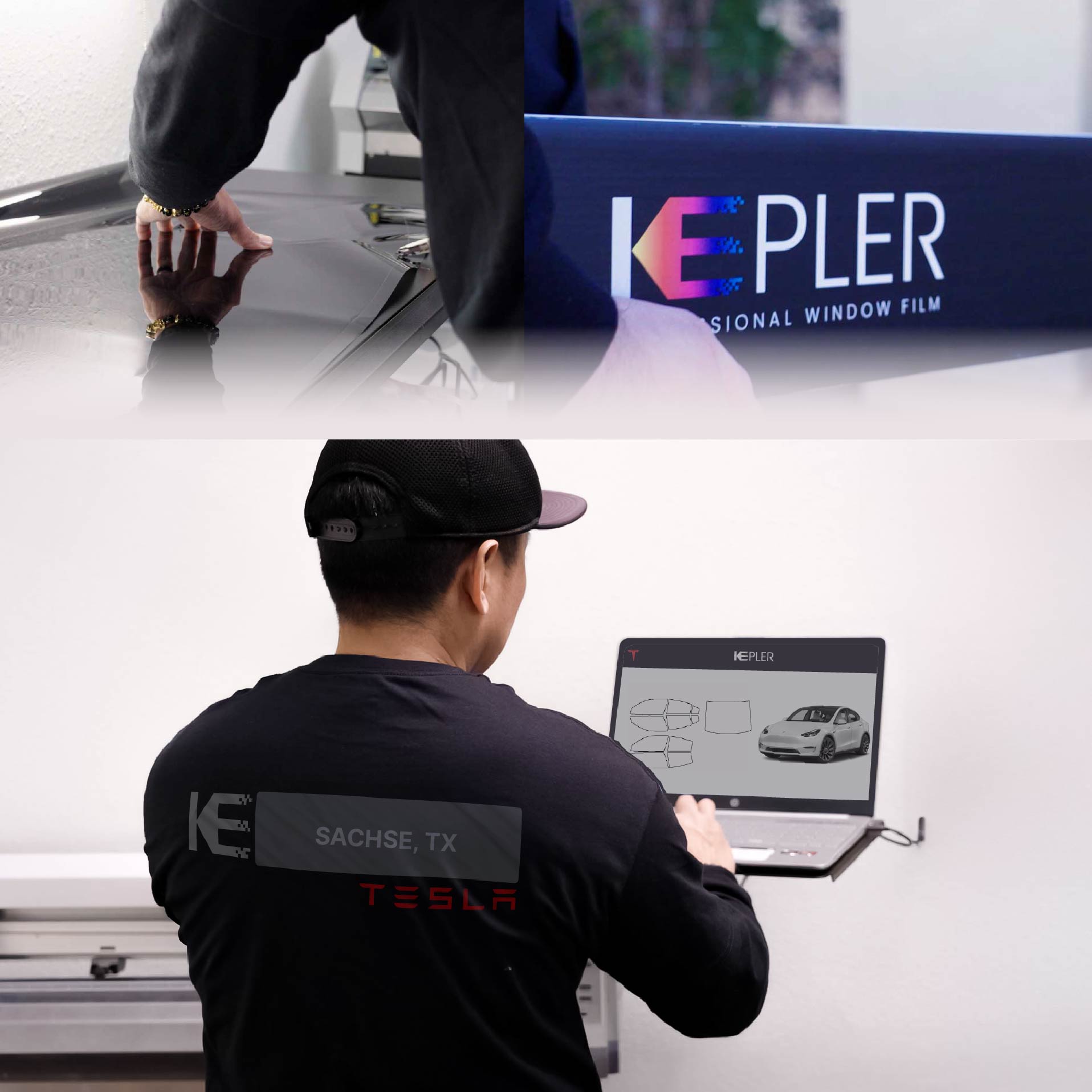 Kepler Technician Applying Ceramic Window Tint to Tesla in Sachse