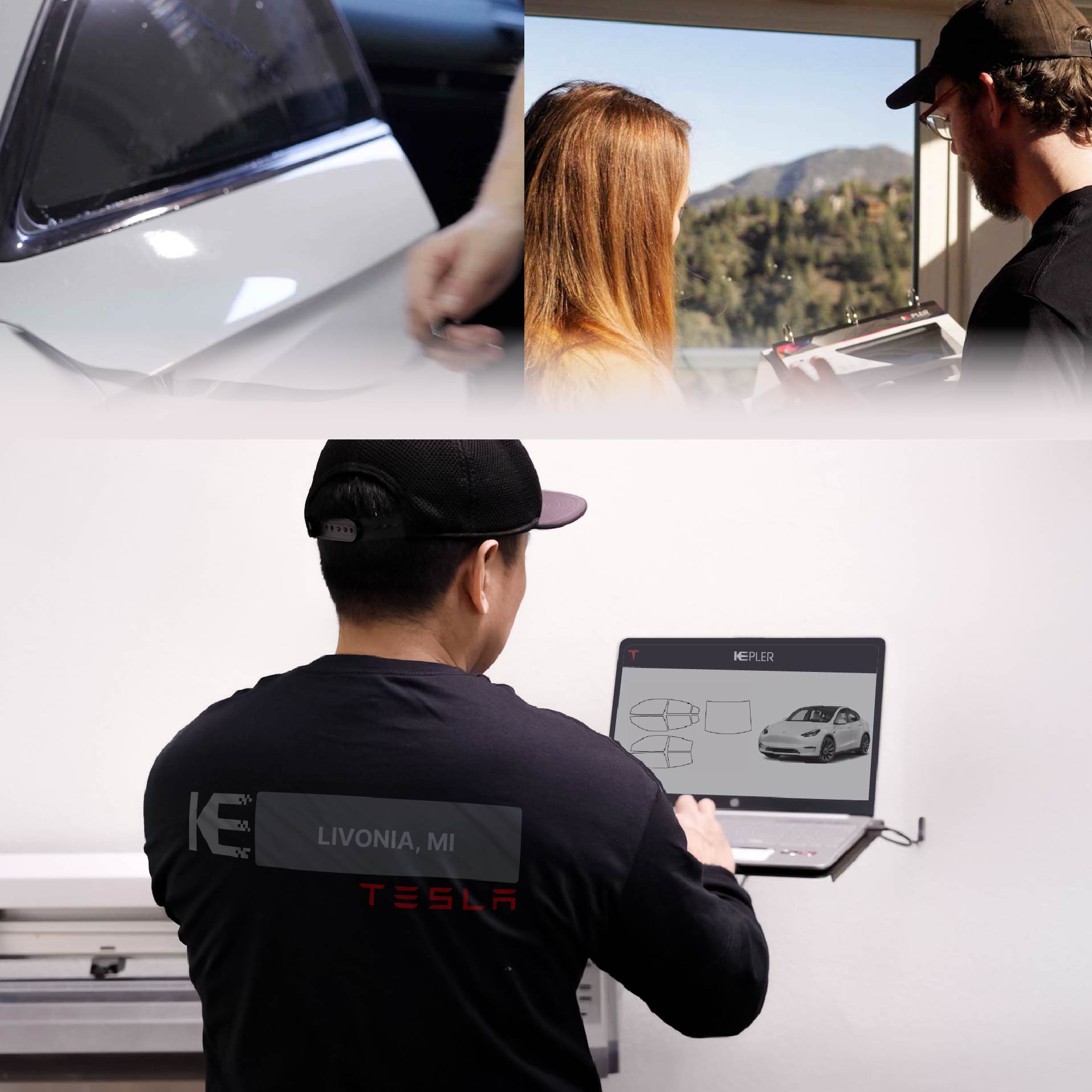 Kepler Technician Applying Advanced Window Tint to Tesla in Livonia