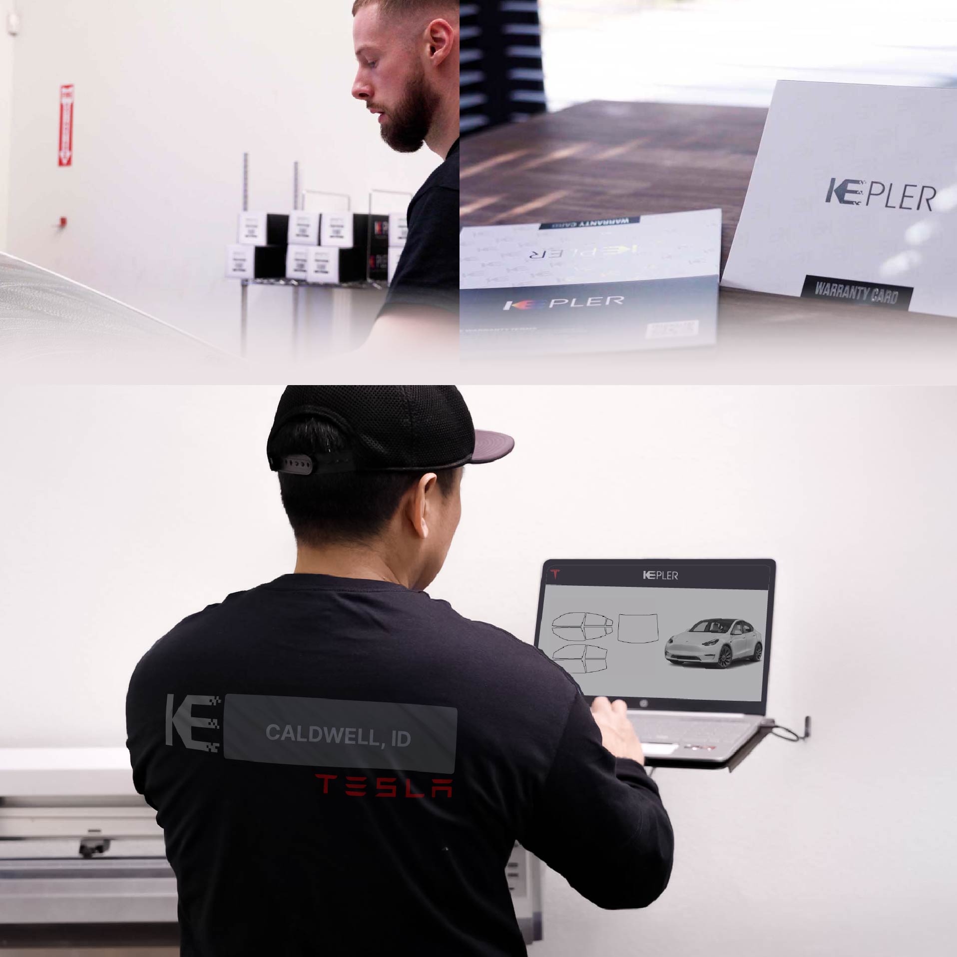 Kepler Technician Installing Ceramic Window Tint to Tesla in Caldwell