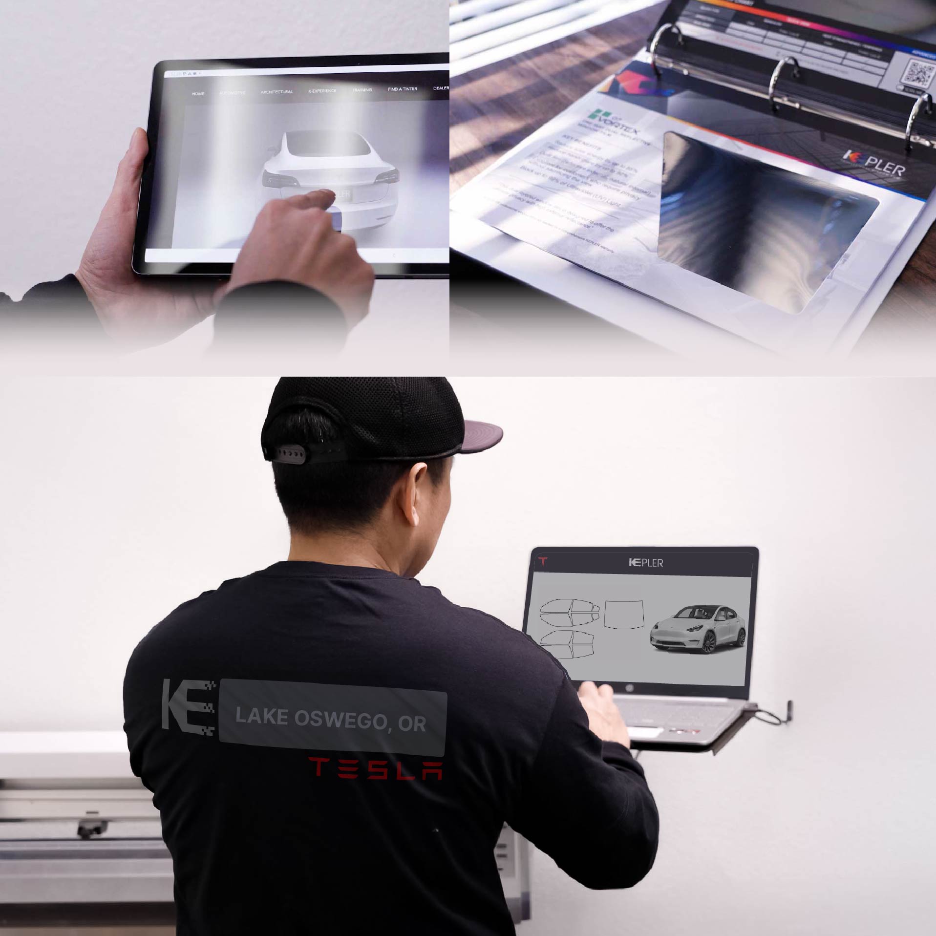 Expert Technician Applying High-tech Window Tint to Tesla in Lake Oswego