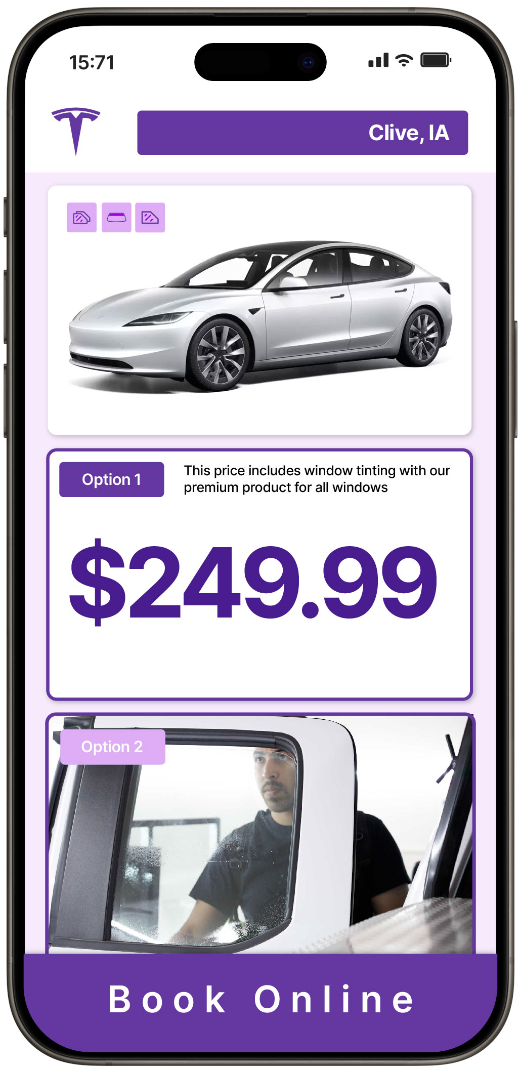 View Competitive Tesla Window Tinting Costs in Clive, Iowa