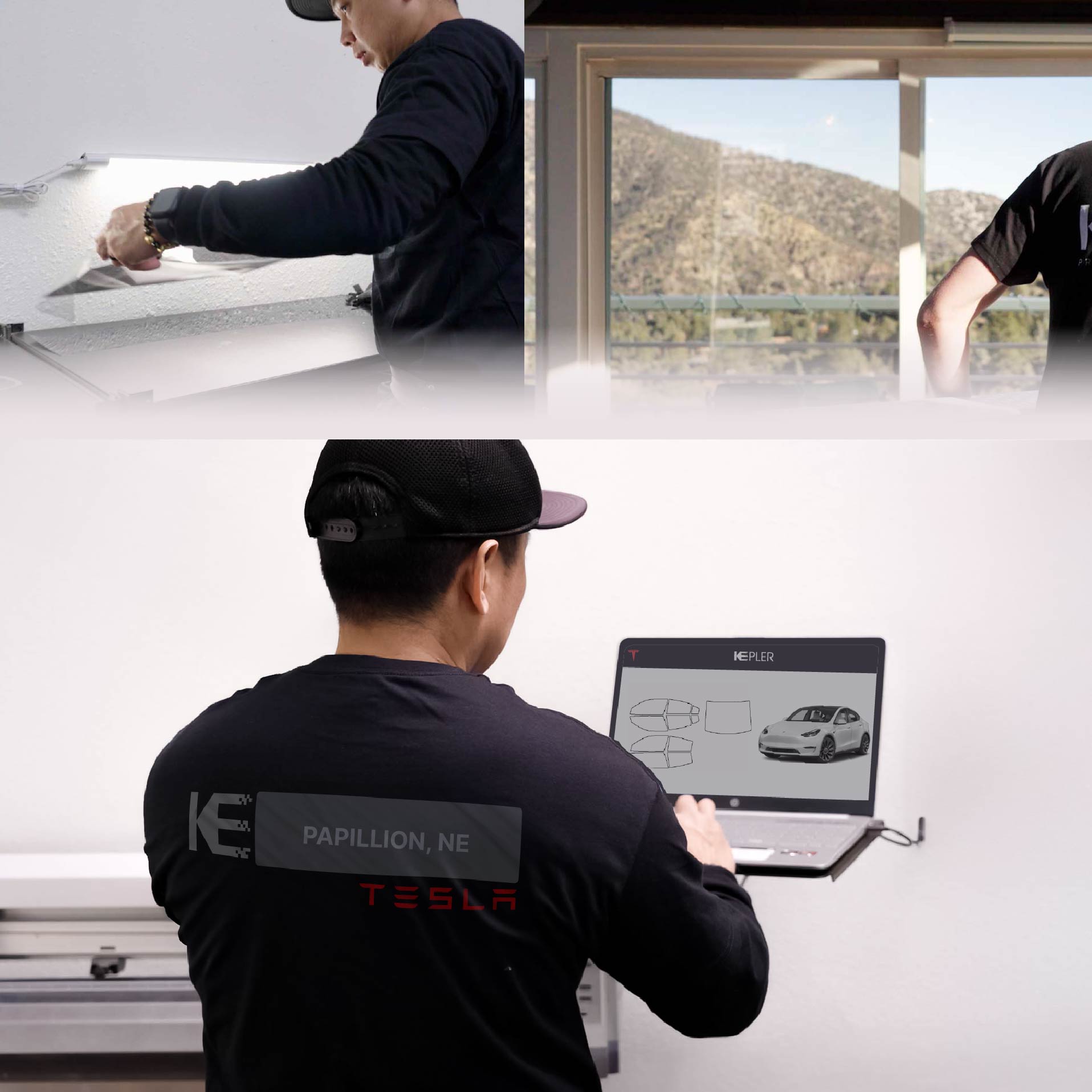 Expert Technician Fitting High-tech Window Tint to Tesla in Papillion