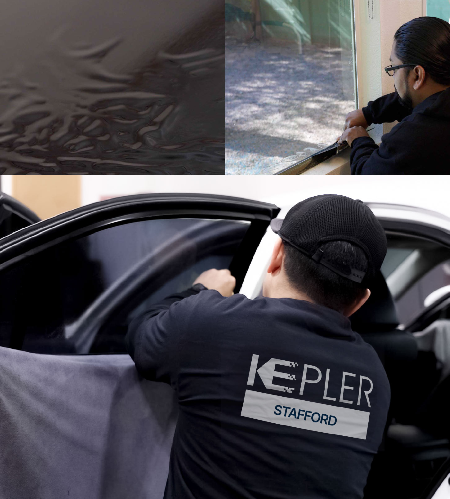 Automotive Window Tinting Expert Applying Film in Stafford, Texas