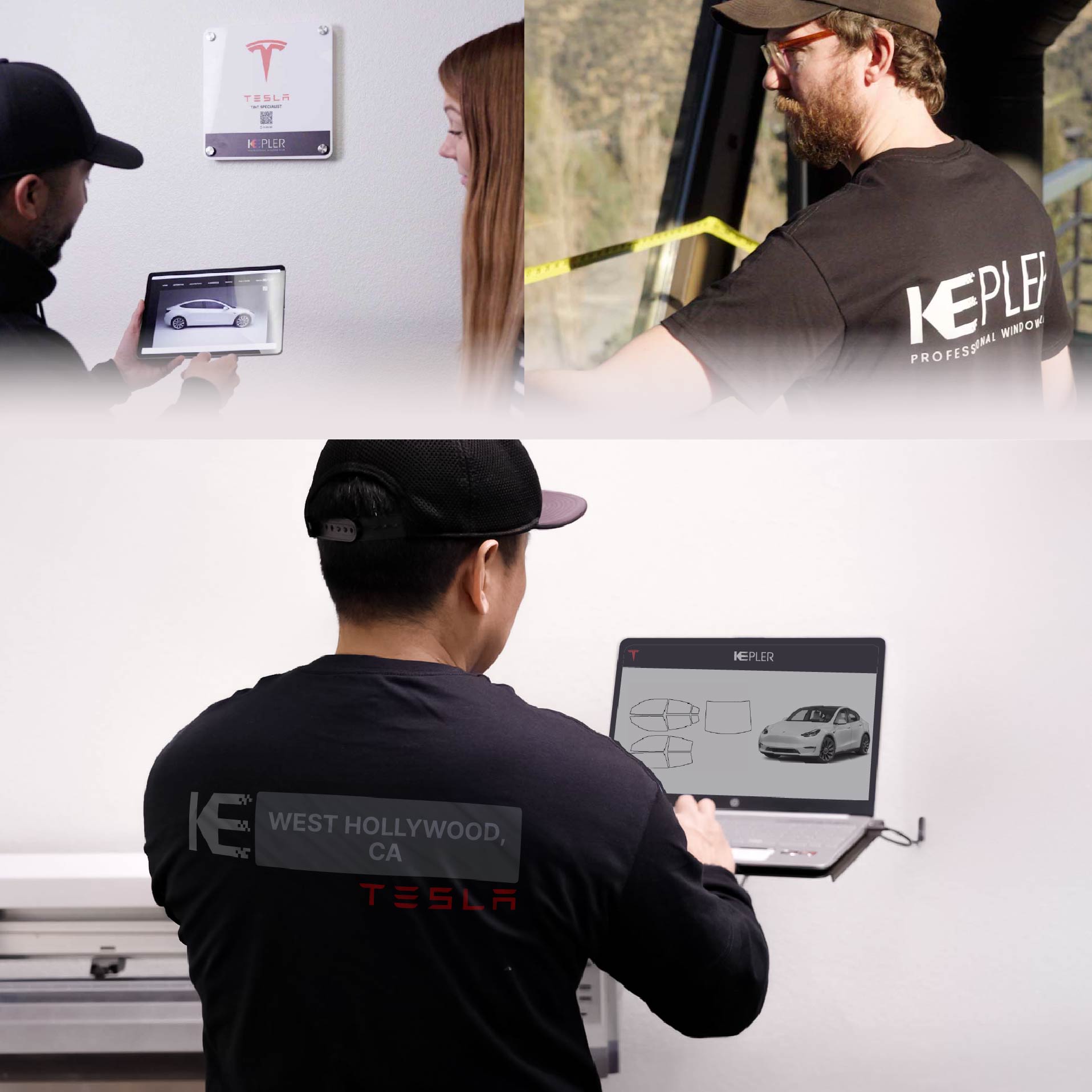 Kepler Technician Fitting Ceramic Window Tint to Tesla in West Hollywood