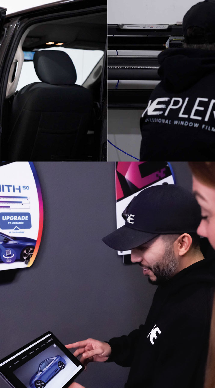 Kepler Dealer Showing Car Window Film Options to Customer in Kenmore, Washington