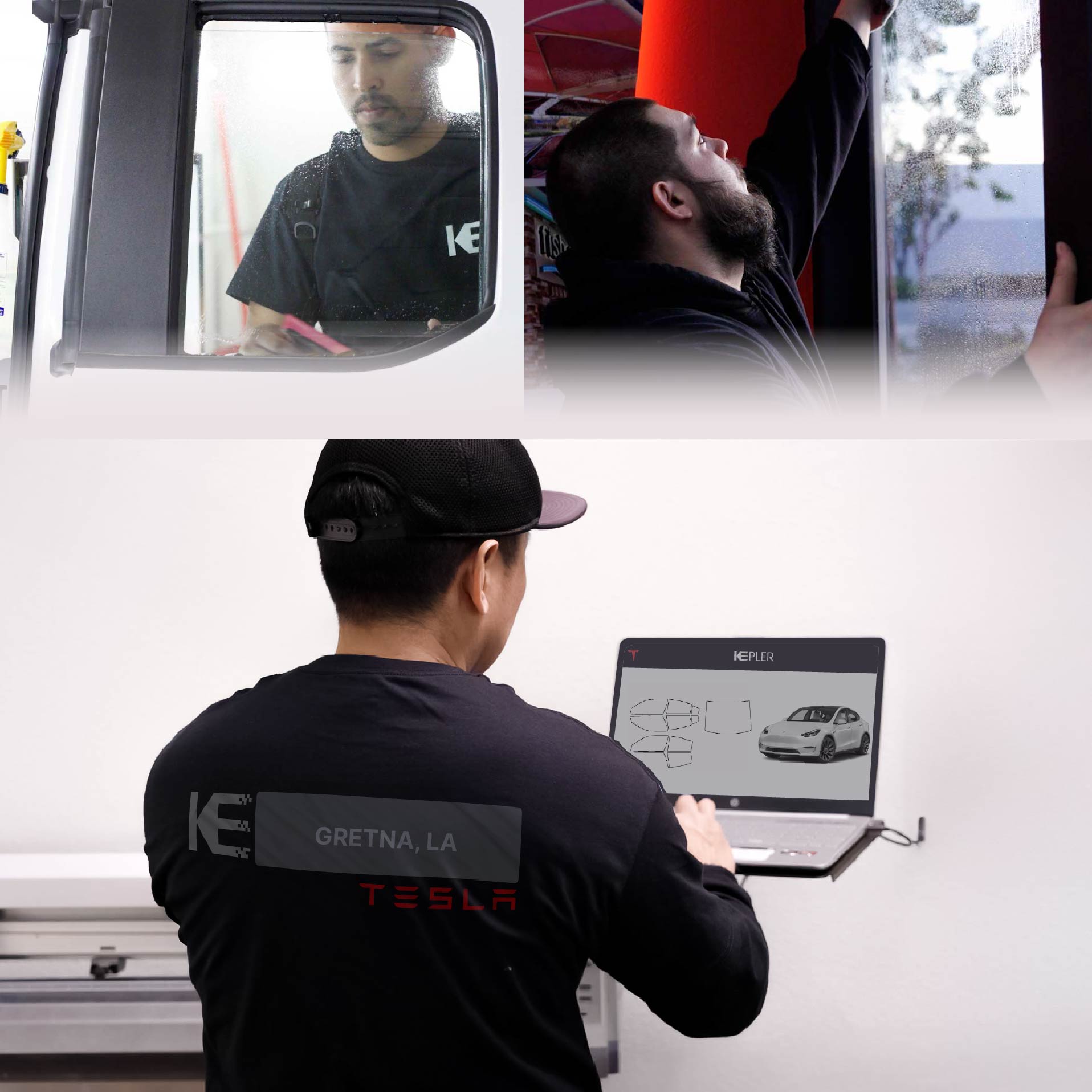 Kepler Technician Fitting Advanced Window Tint to Tesla in Gretna