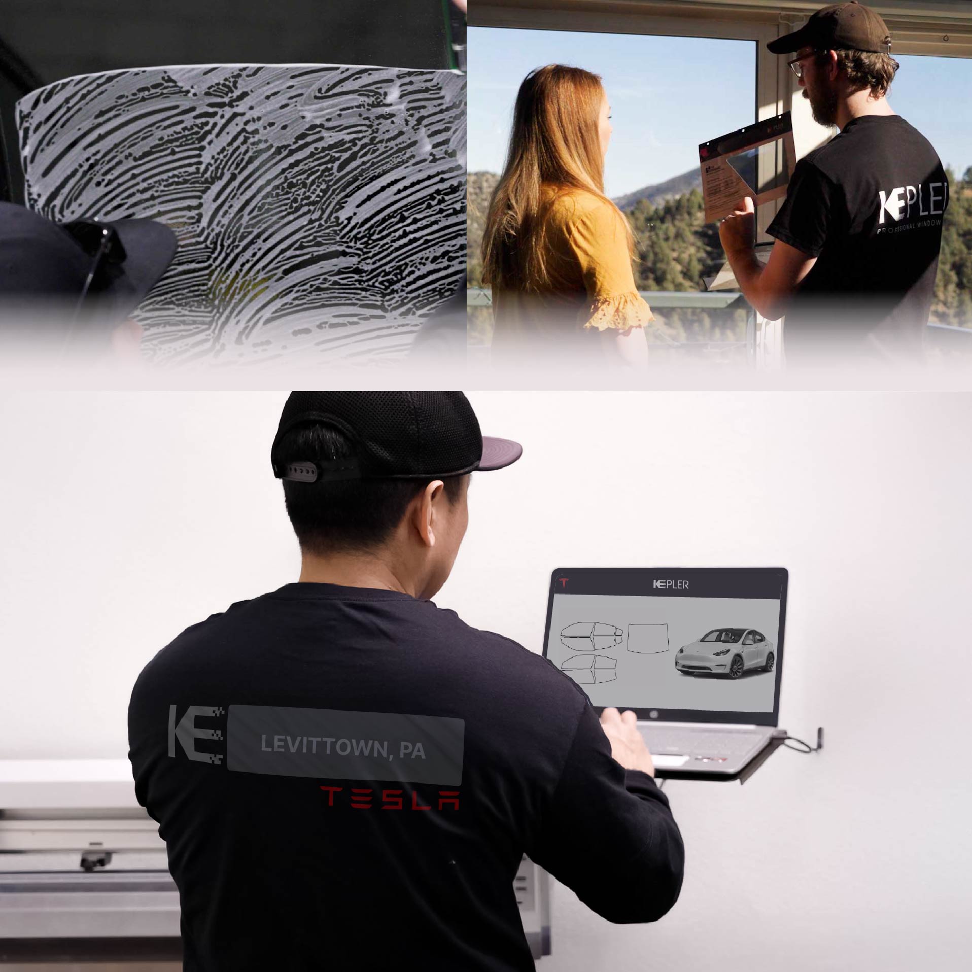 Expert Technician Applying Ceramic Window Tint to Tesla in Levittown