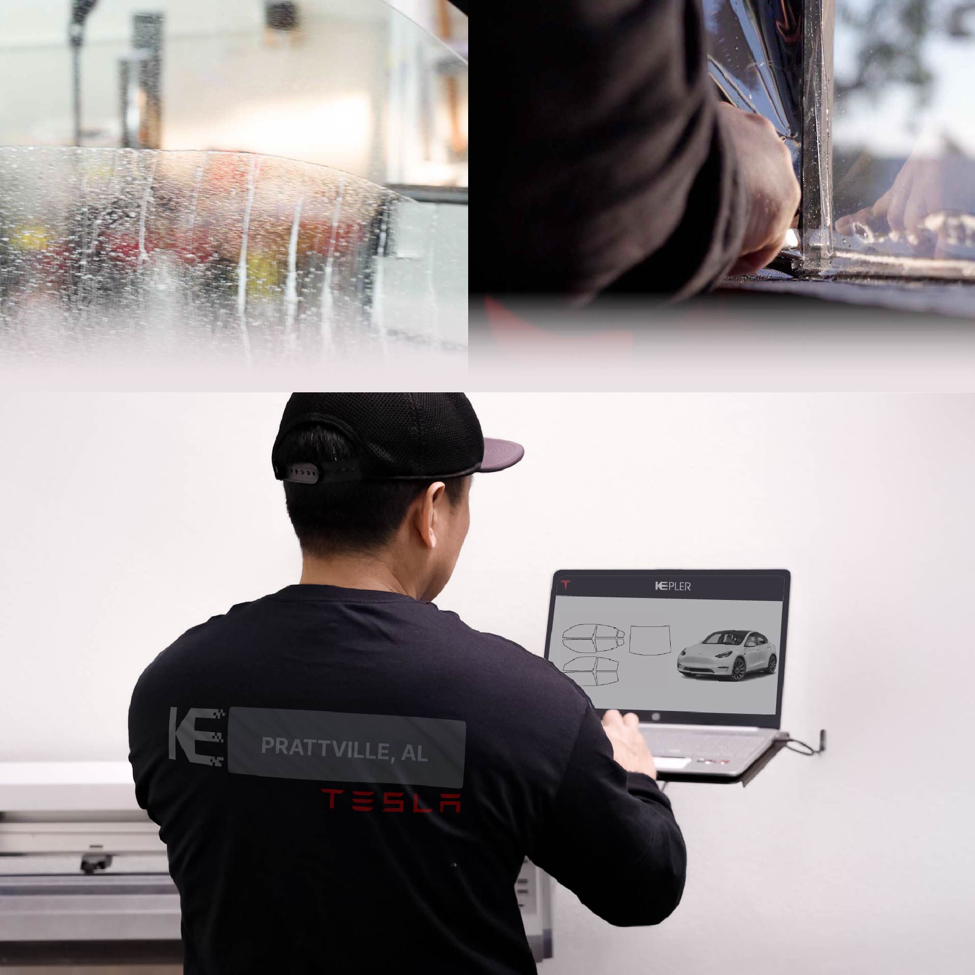 Expert Technician Installing Ceramic Window Tint to Tesla in Prattville