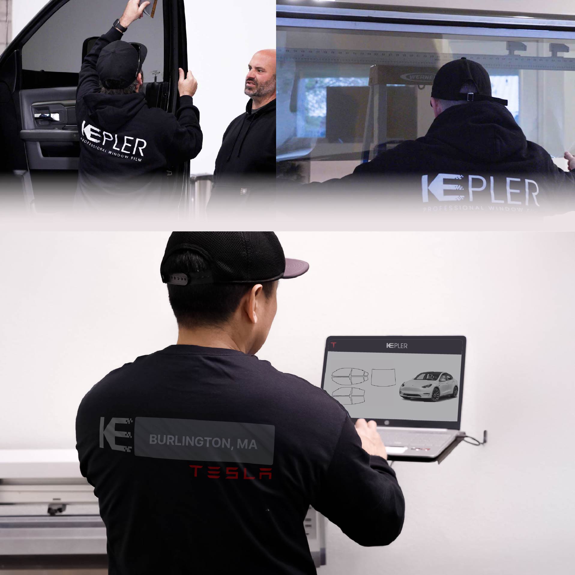 Kepler Technician Fitting Ceramic Window Tint to Tesla in Burlington