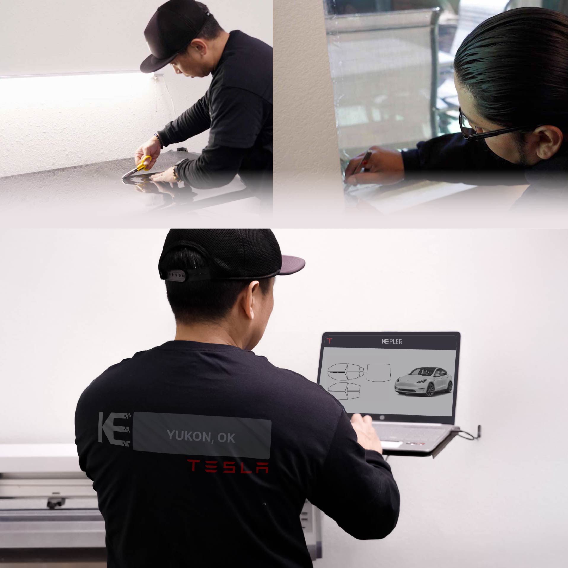Expert Technician Applying Ceramic Window Tint to Tesla in Yukon