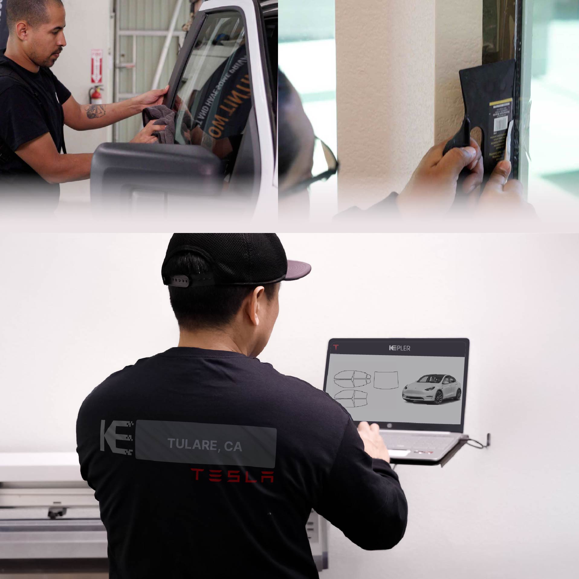 Expert Technician Fitting Ceramic Window Tint to Tesla in Tulare