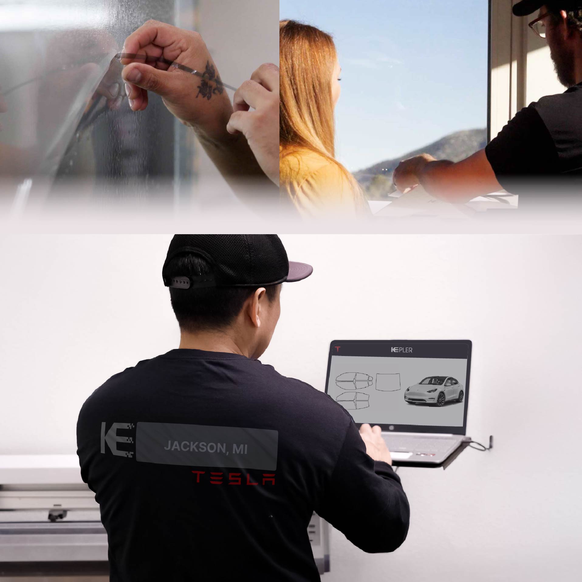 Kepler Technician Installing Ceramic Window Tint to Tesla in Jackson