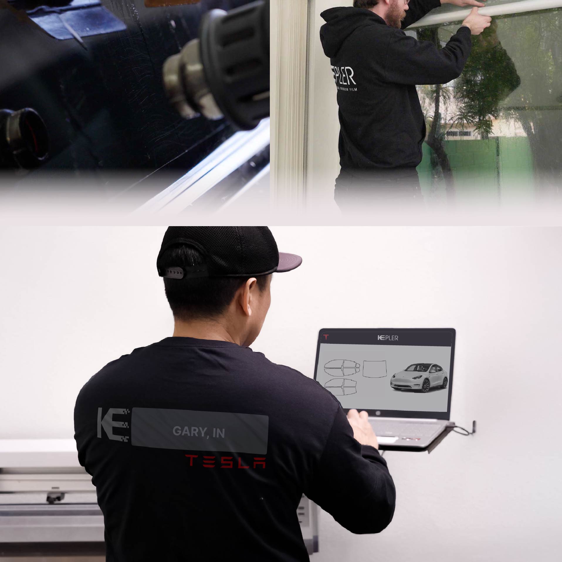 Expert Technician Installing High-tech Window Tint to Tesla in Gary
