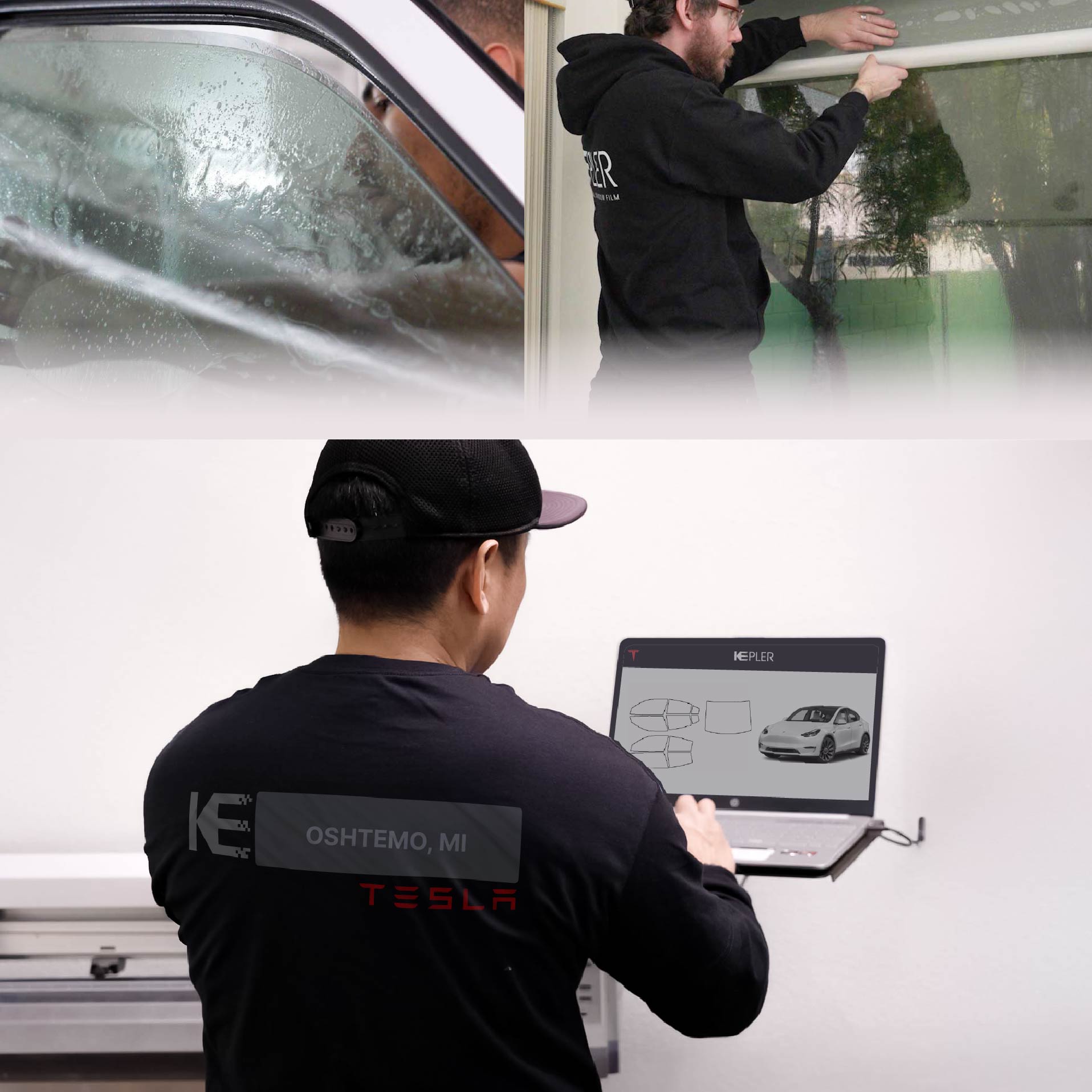 Kepler Technician Applying High-tech Window Tint to Tesla in Oshtemo