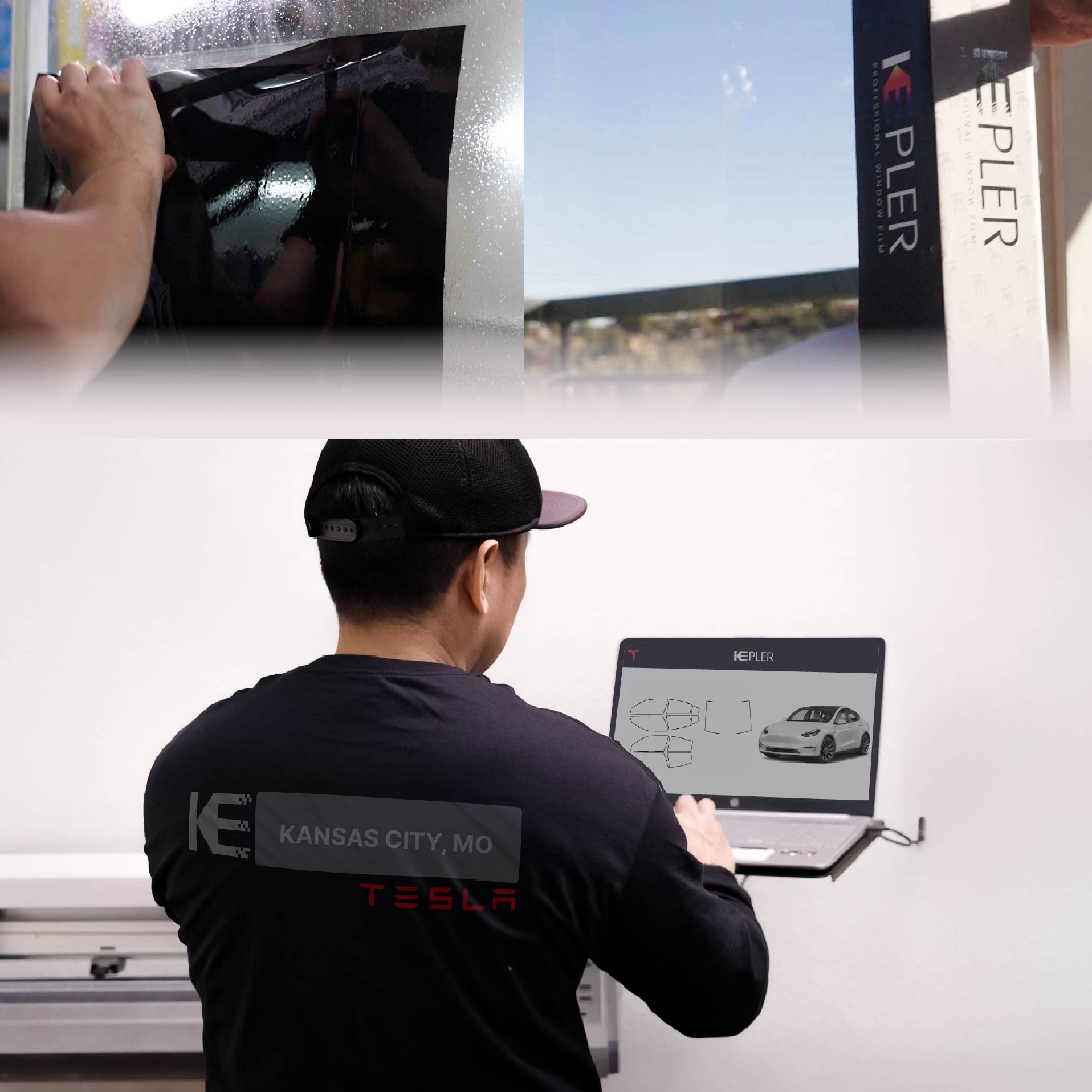 Kepler Technician Applying Advanced Window Tint to Tesla in Kansas City