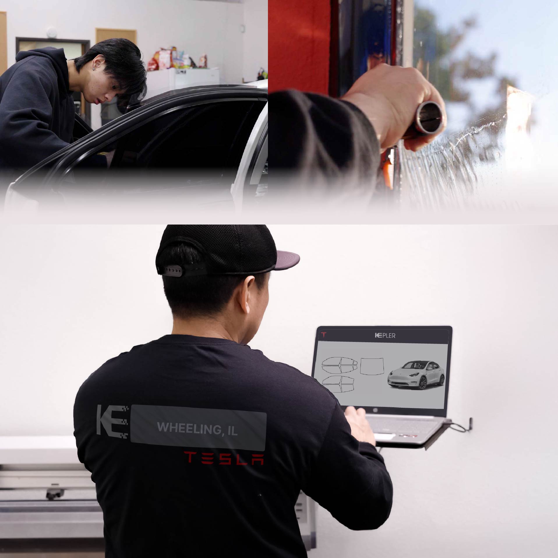 Kepler Technician Applying Ceramic Window Tint to Tesla in Wheeling
