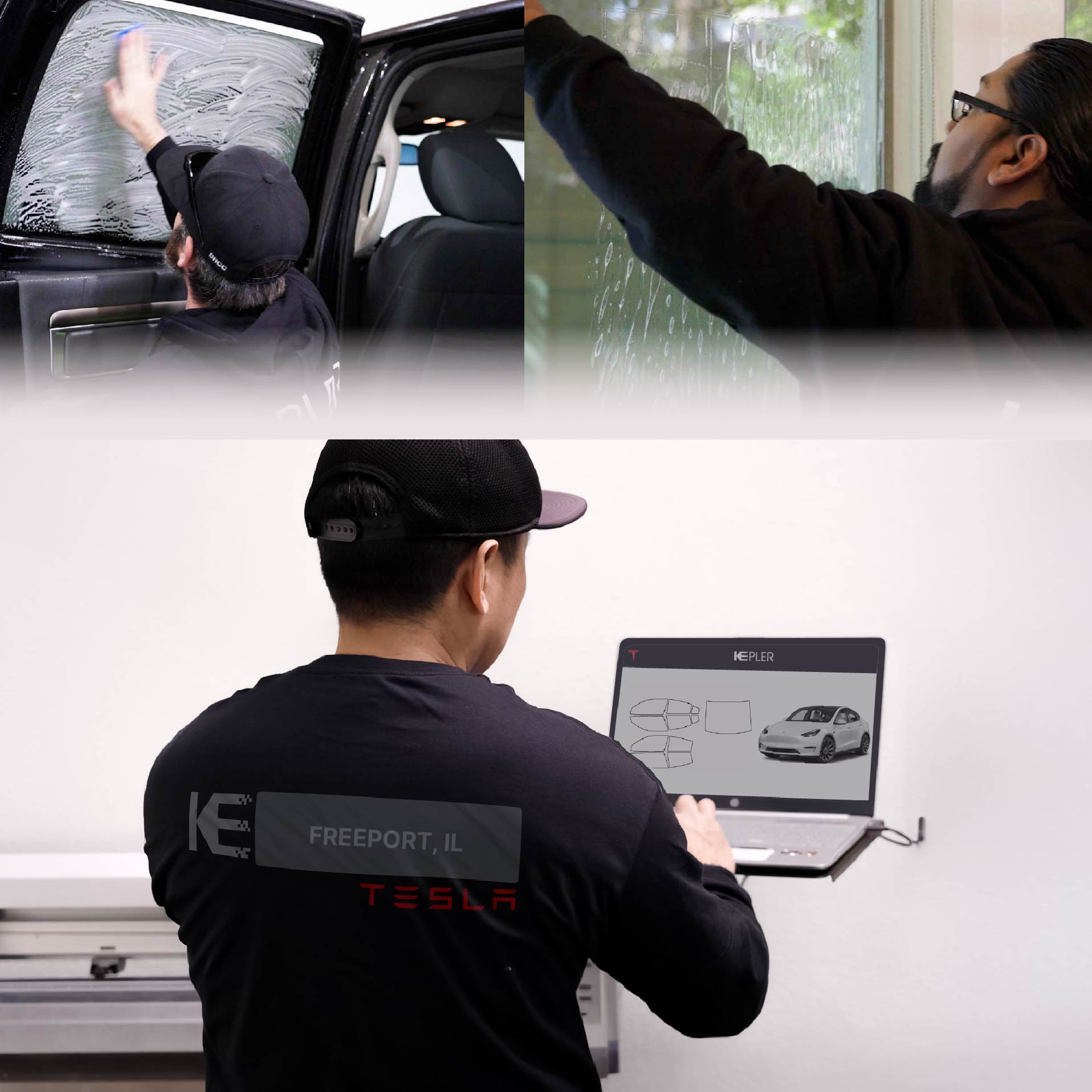 Kepler Technician Fitting Advanced Window Tint to Tesla in Freeport