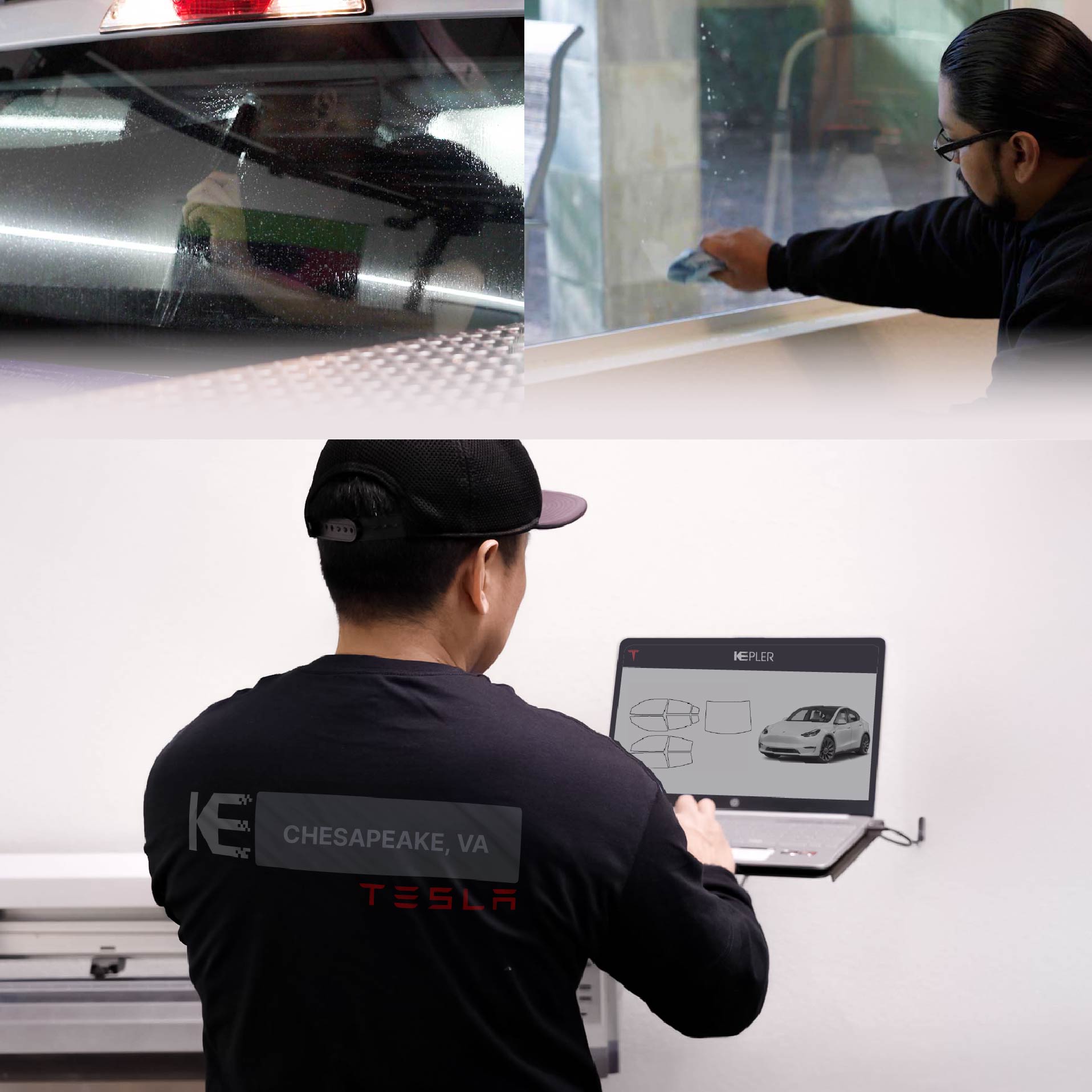 Kepler Technician Applying Advanced Window Tint to Tesla in Chesapeake
