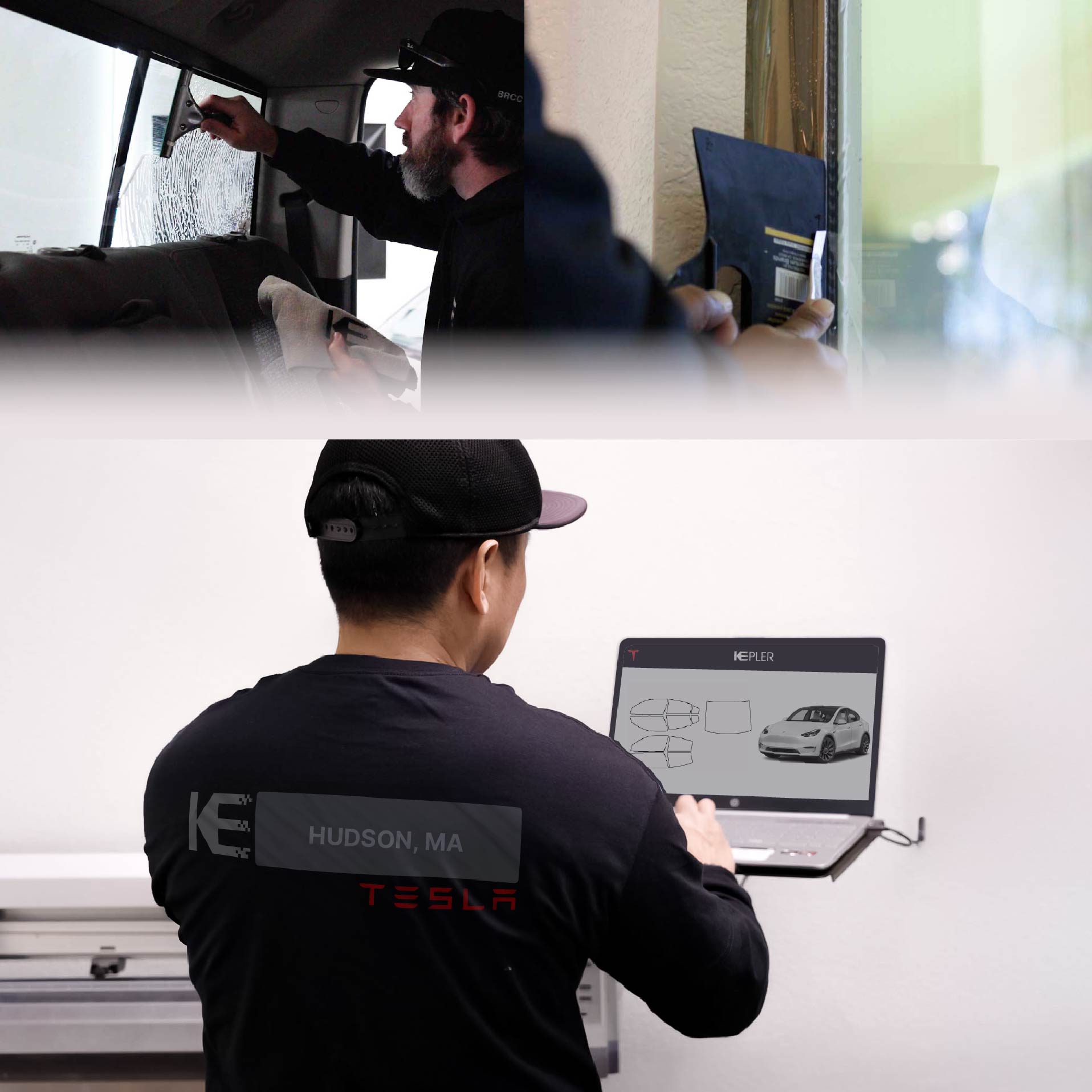 Kepler Technician Fitting Ceramic Window Tint to Tesla in Hudson