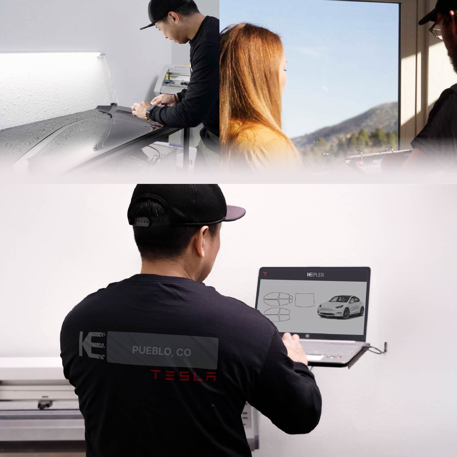 Kepler Technician Installing Ceramic Window Tint to Tesla in Pueblo