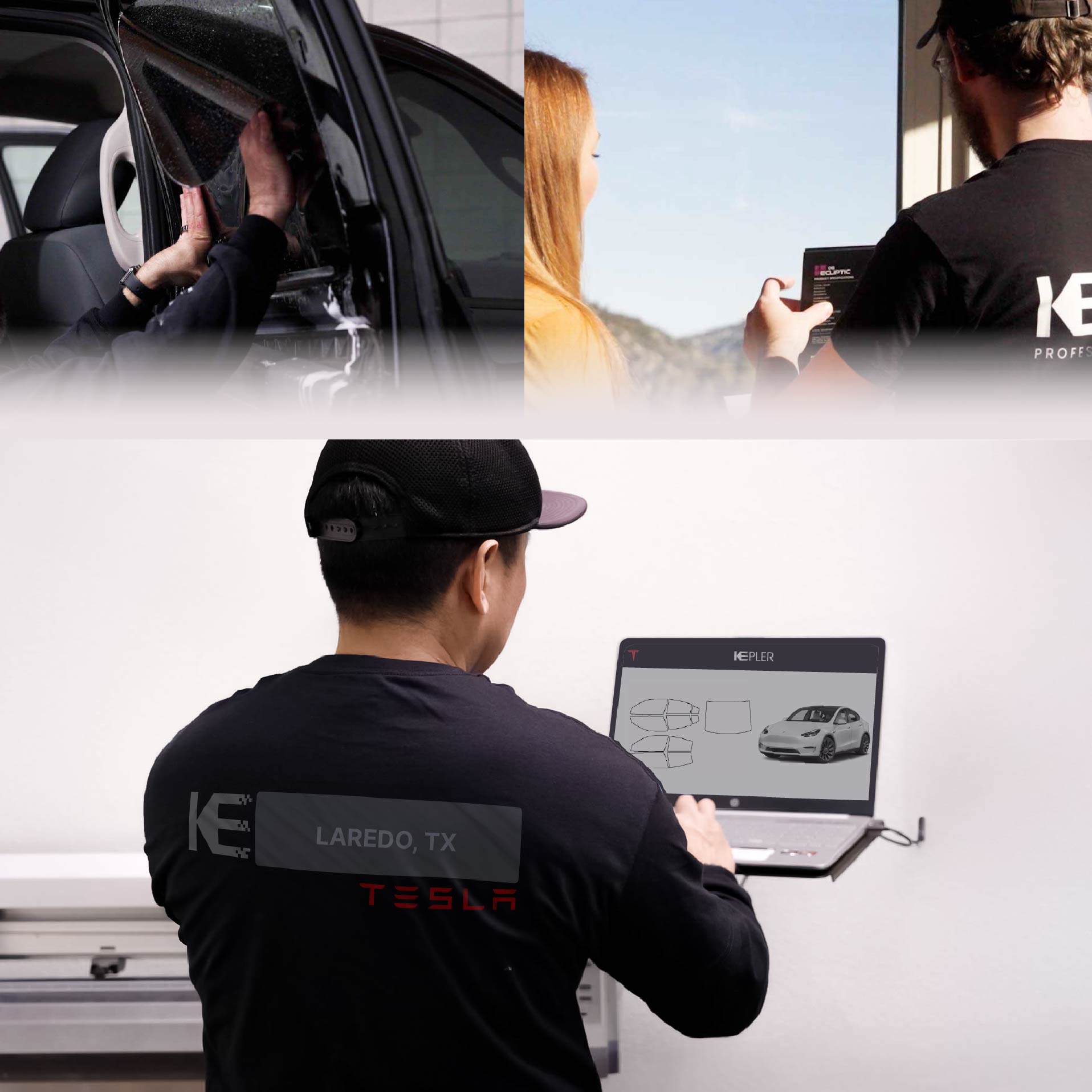 Kepler Technician Fitting High-tech Window Tint to Tesla in Laredo