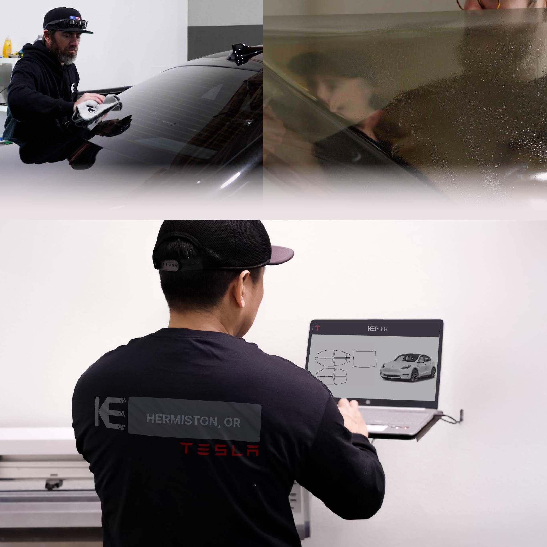 Expert Technician Installing Advanced Window Tint to Tesla in Hermiston