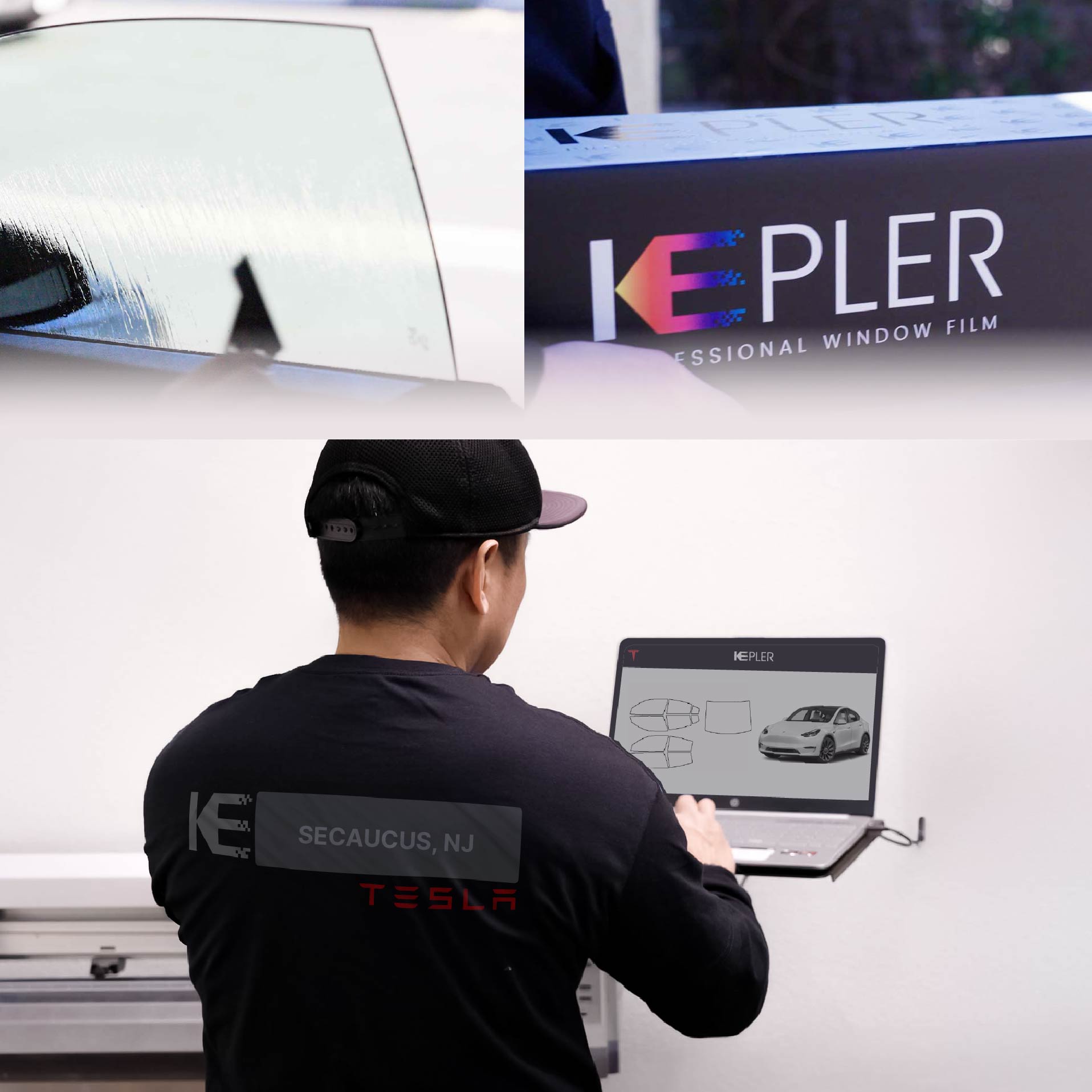 Kepler Technician Installing Ceramic Window Tint to Tesla in Secaucus