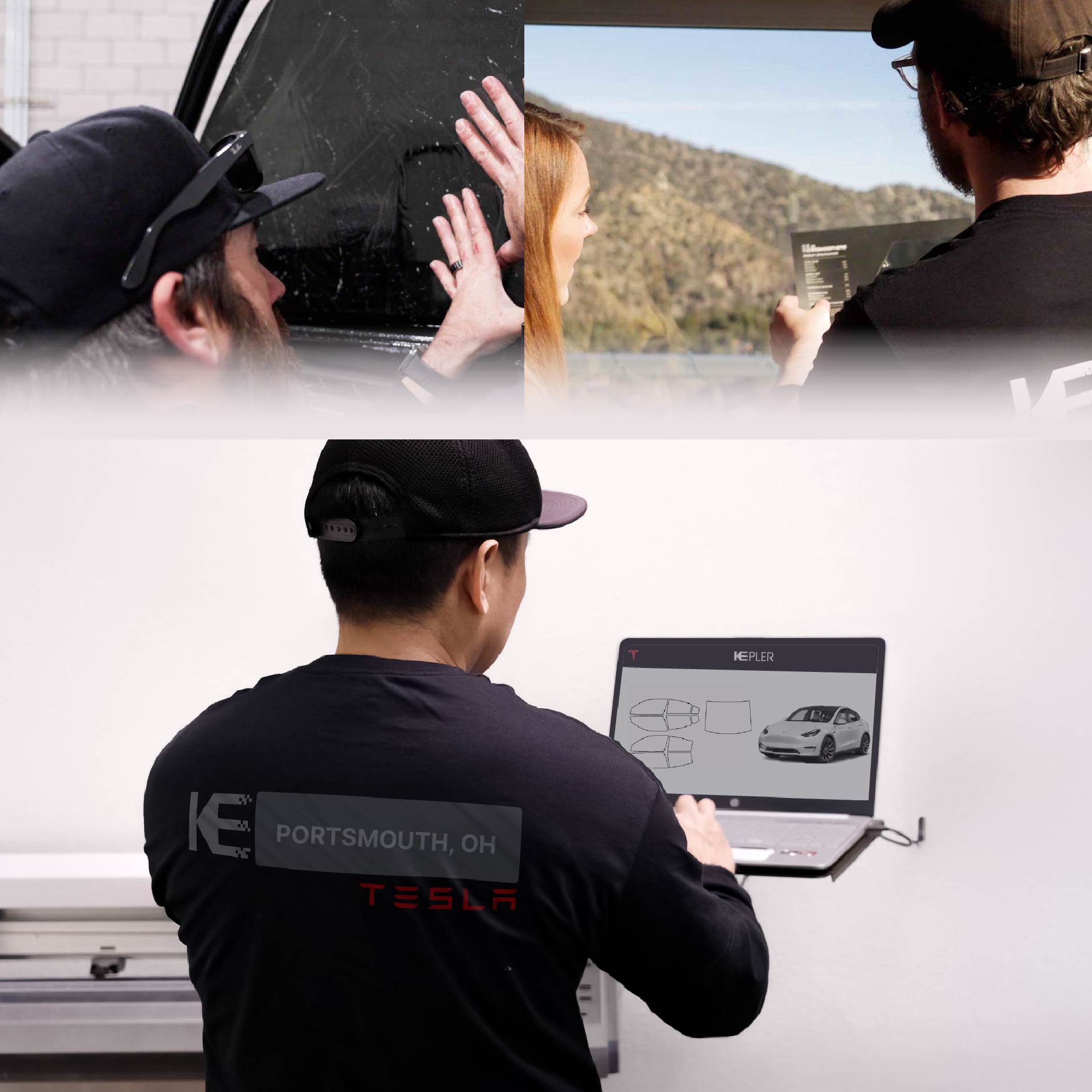 Expert Technician Applying High-tech Window Tint to Tesla in Portsmouth