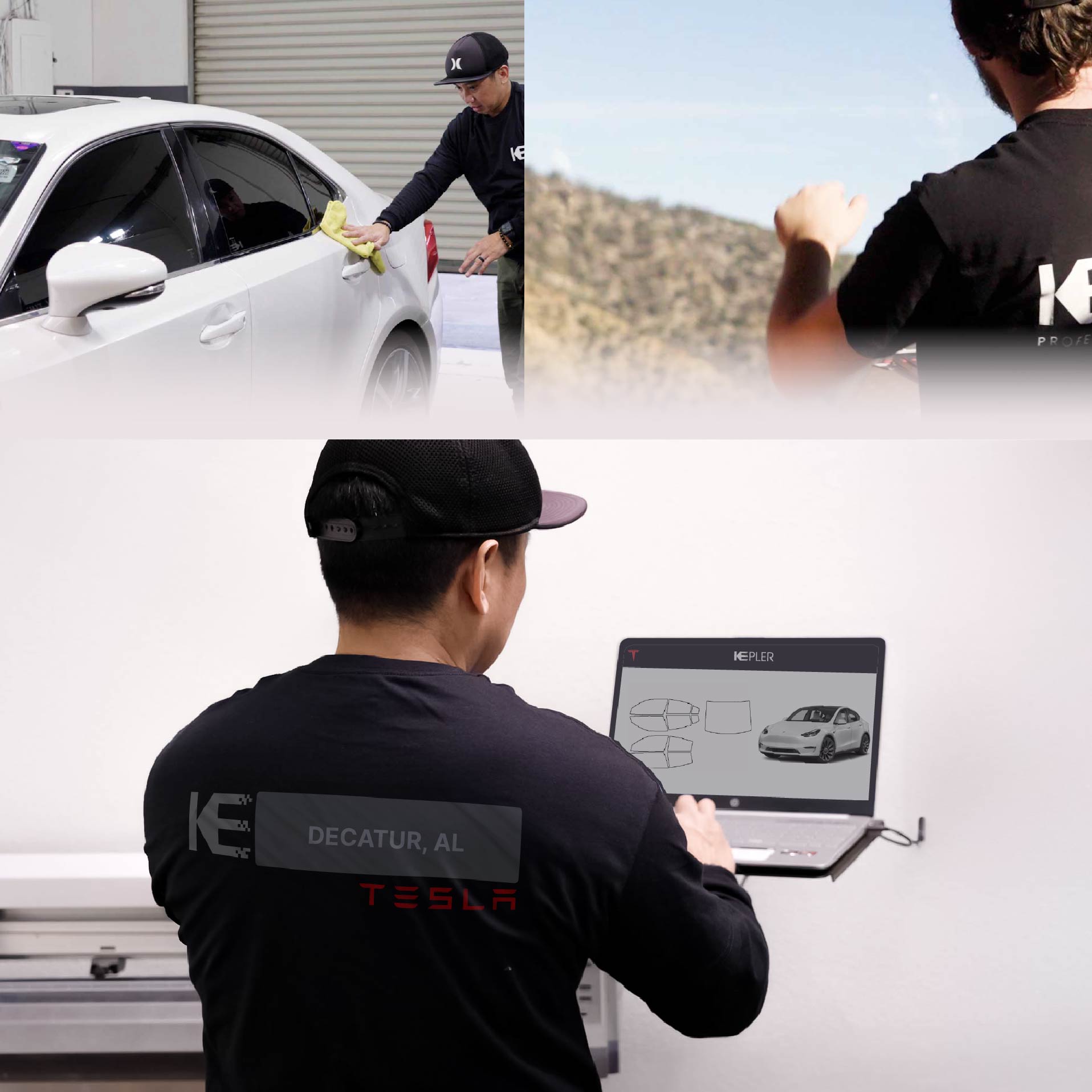 Expert Technician Applying Ceramic Window Tint to Tesla in Decatur