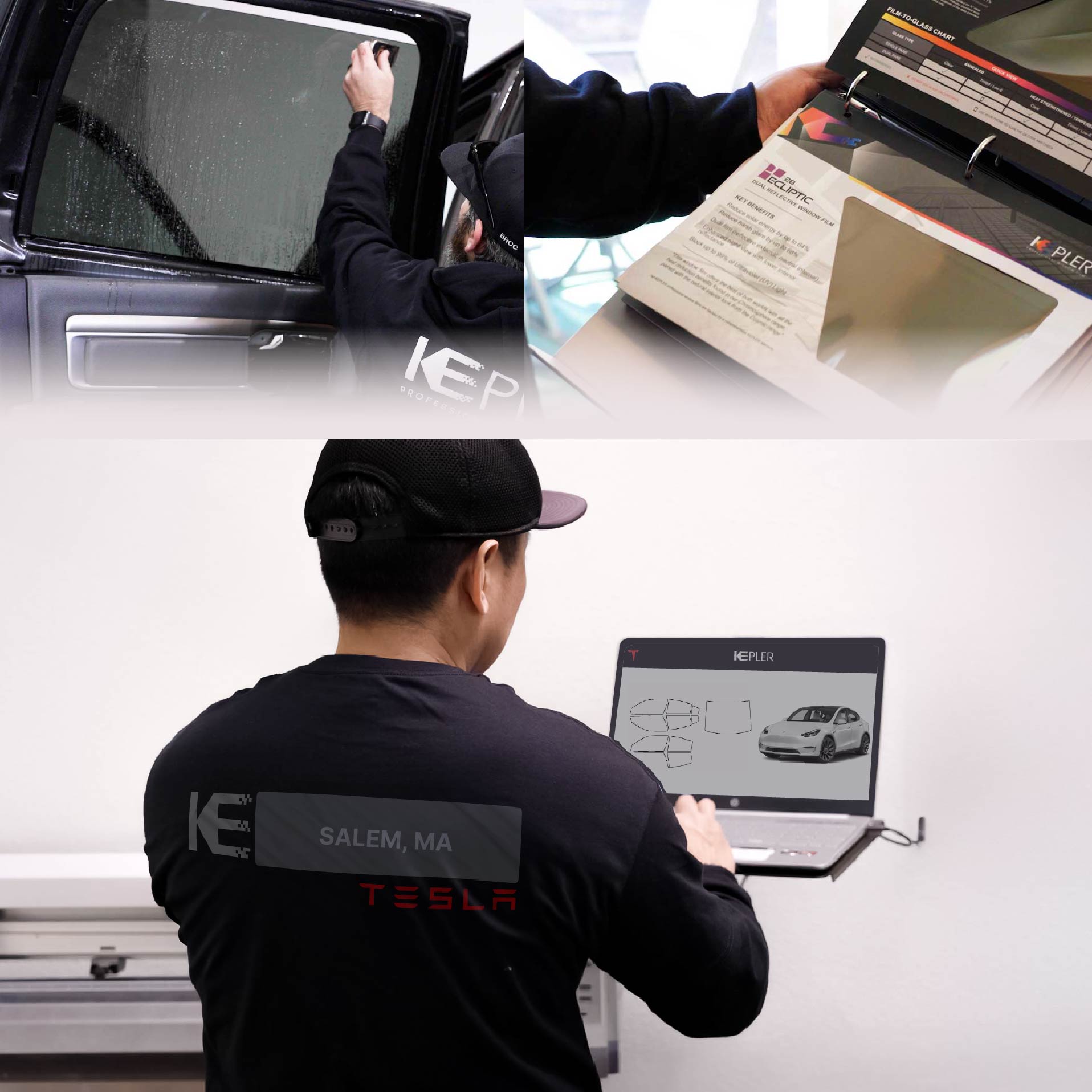 Kepler Technician Applying High-tech Window Tint to Tesla in Salem