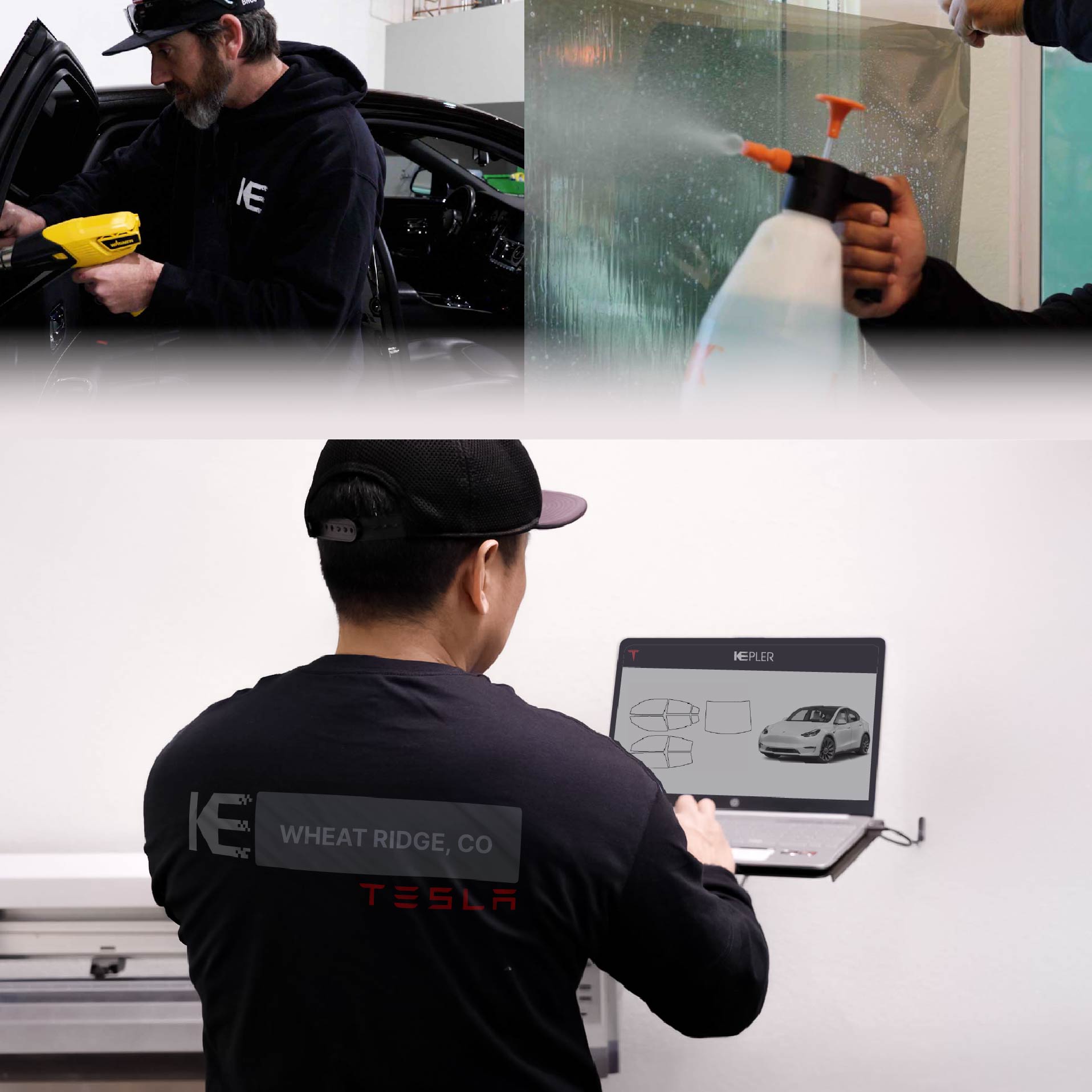 Kepler Technician Applying Ceramic Window Tint to Tesla in Wheat Ridge
