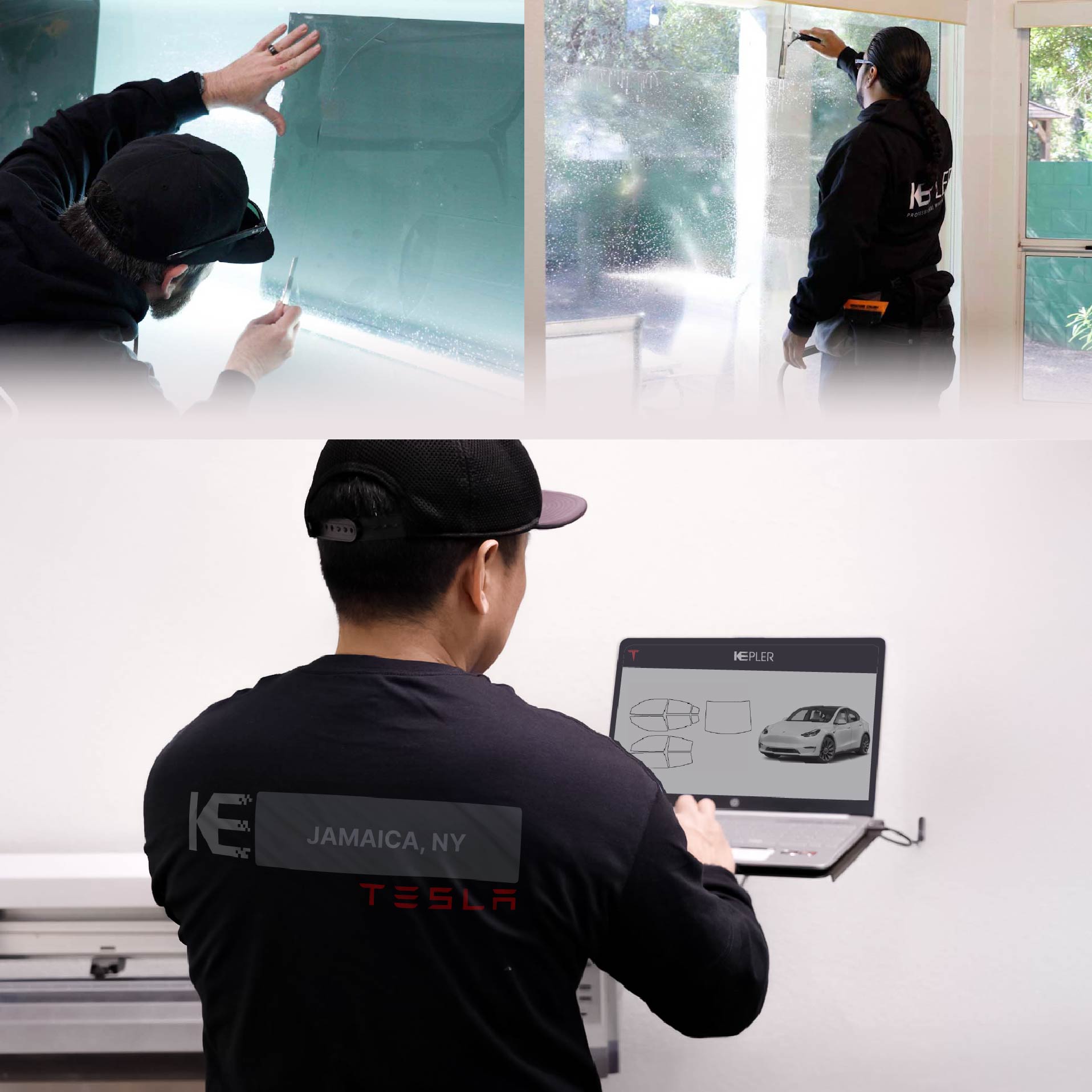 Expert Technician Applying Ceramic Window Tint to Tesla in Jamaica