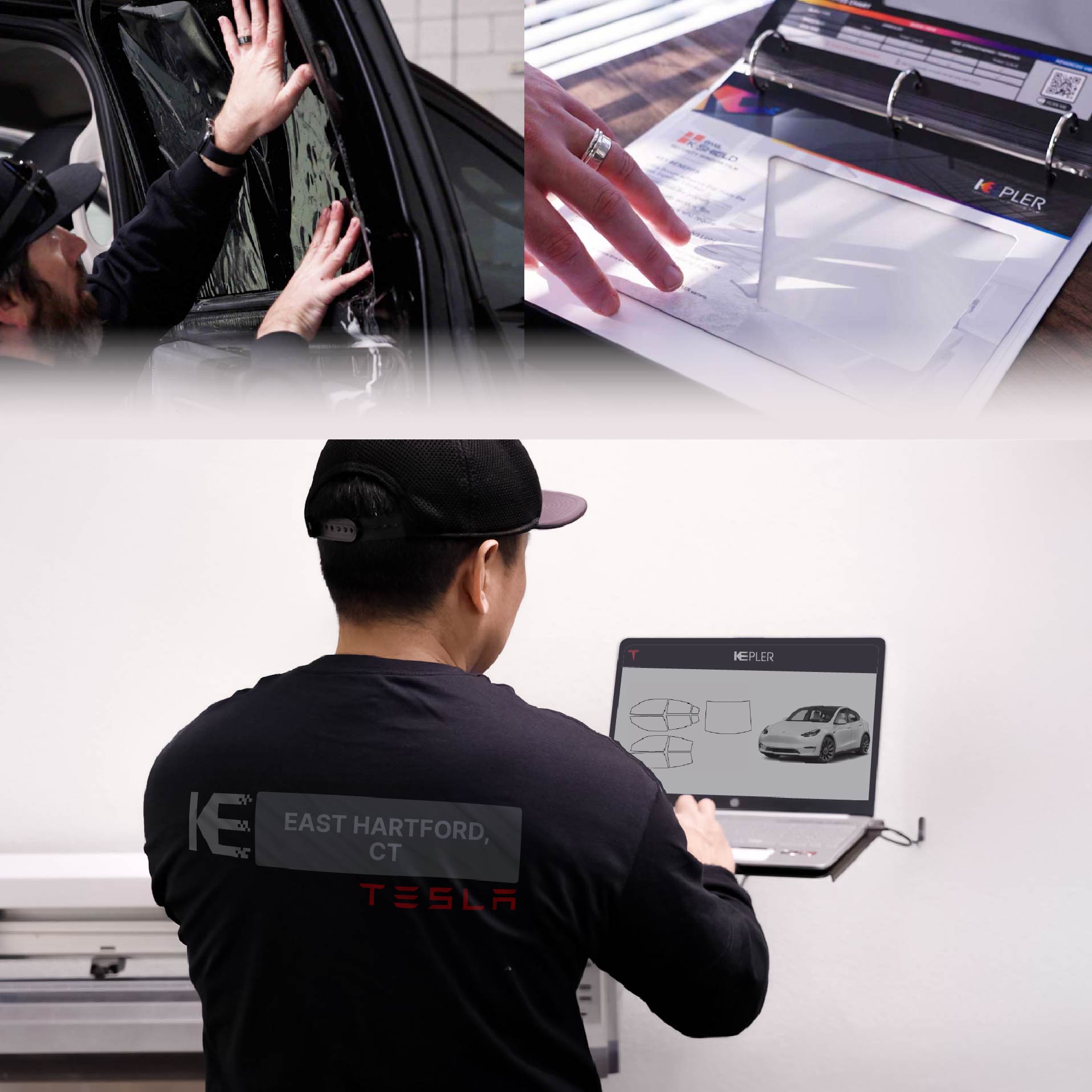 Kepler Technician Applying Ceramic Window Tint to Tesla in East Hartford