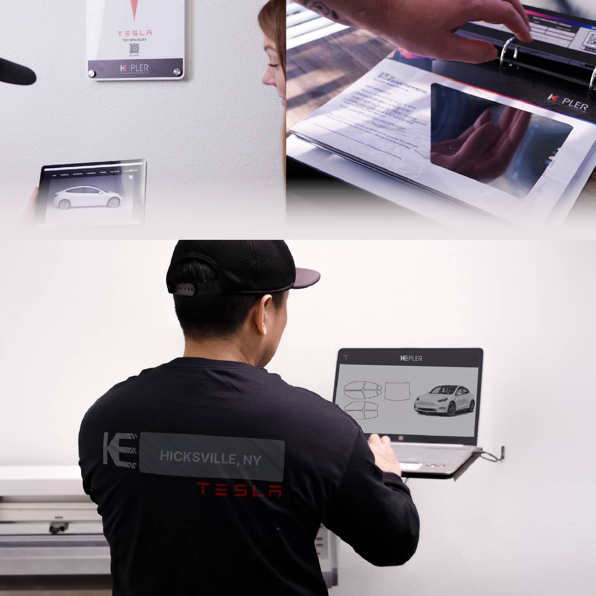 Kepler Technician Applying Advanced Window Tint to Tesla in Hicksville