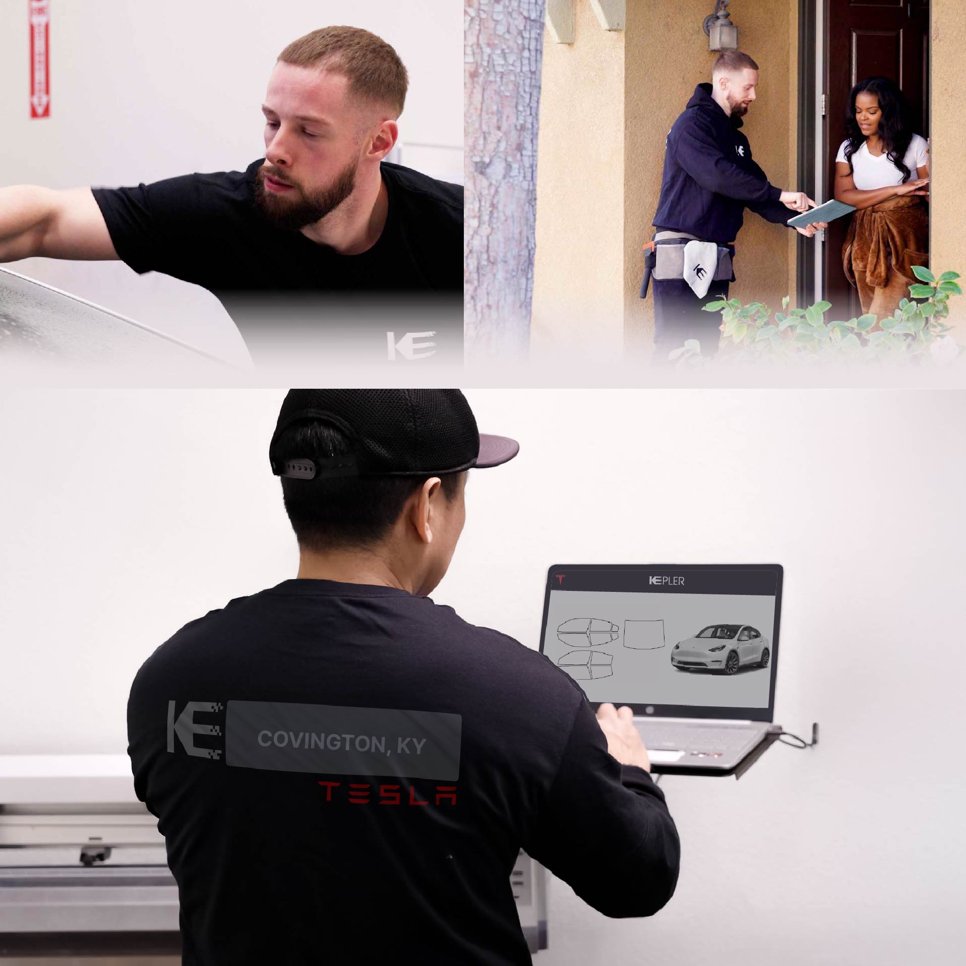Expert Technician Applying Advanced Window Tint to Tesla in Covington