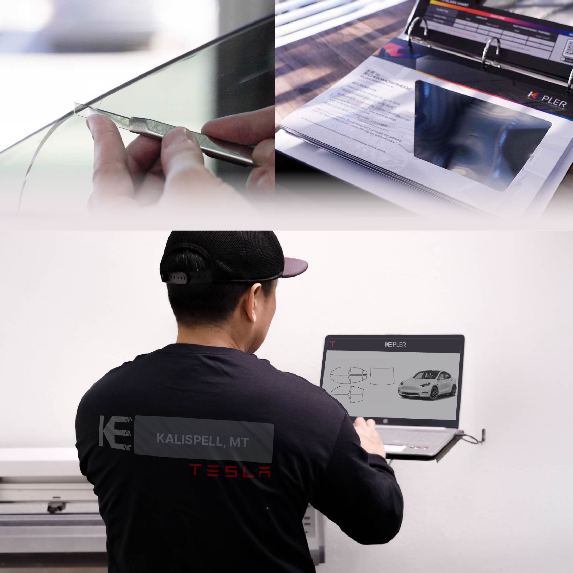 Expert Technician Fitting Ceramic Window Tint to Tesla in Kalispell