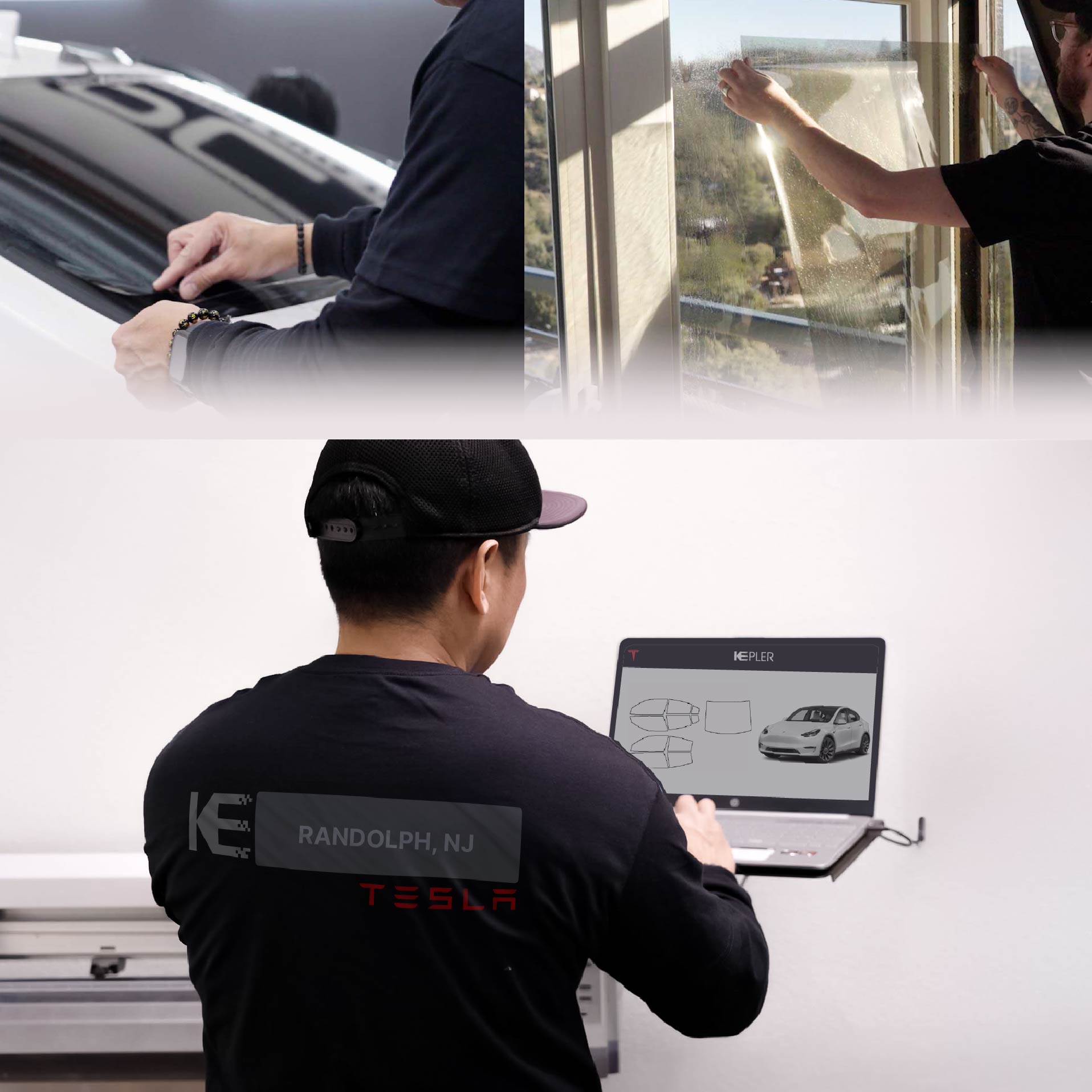 Expert Technician Applying Advanced Window Tint to Tesla in Randolph