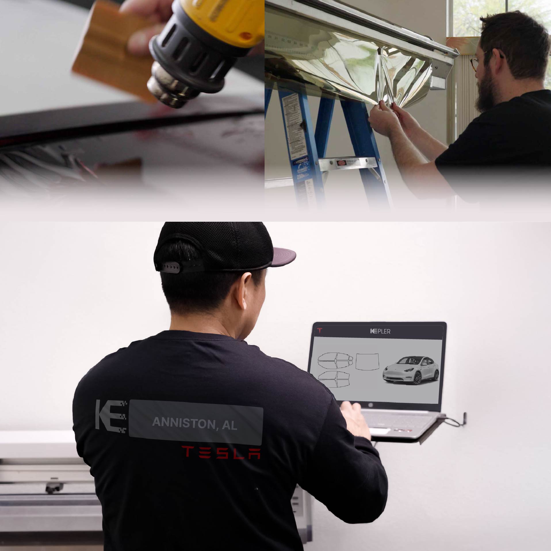 Expert Technician Fitting High-tech Window Tint to Tesla in Anniston