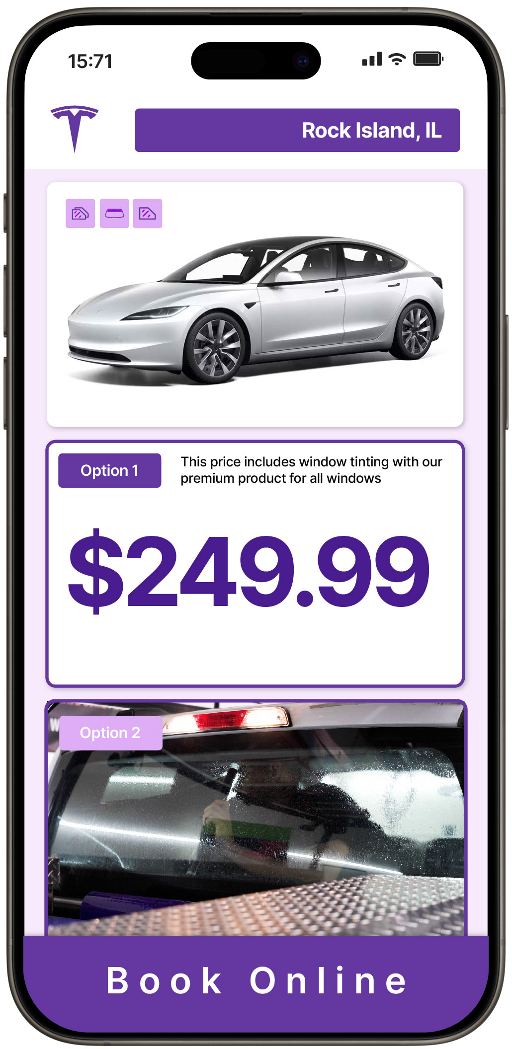 View Competitive Tesla Window Tinting Prices in Rock Island, Illinois