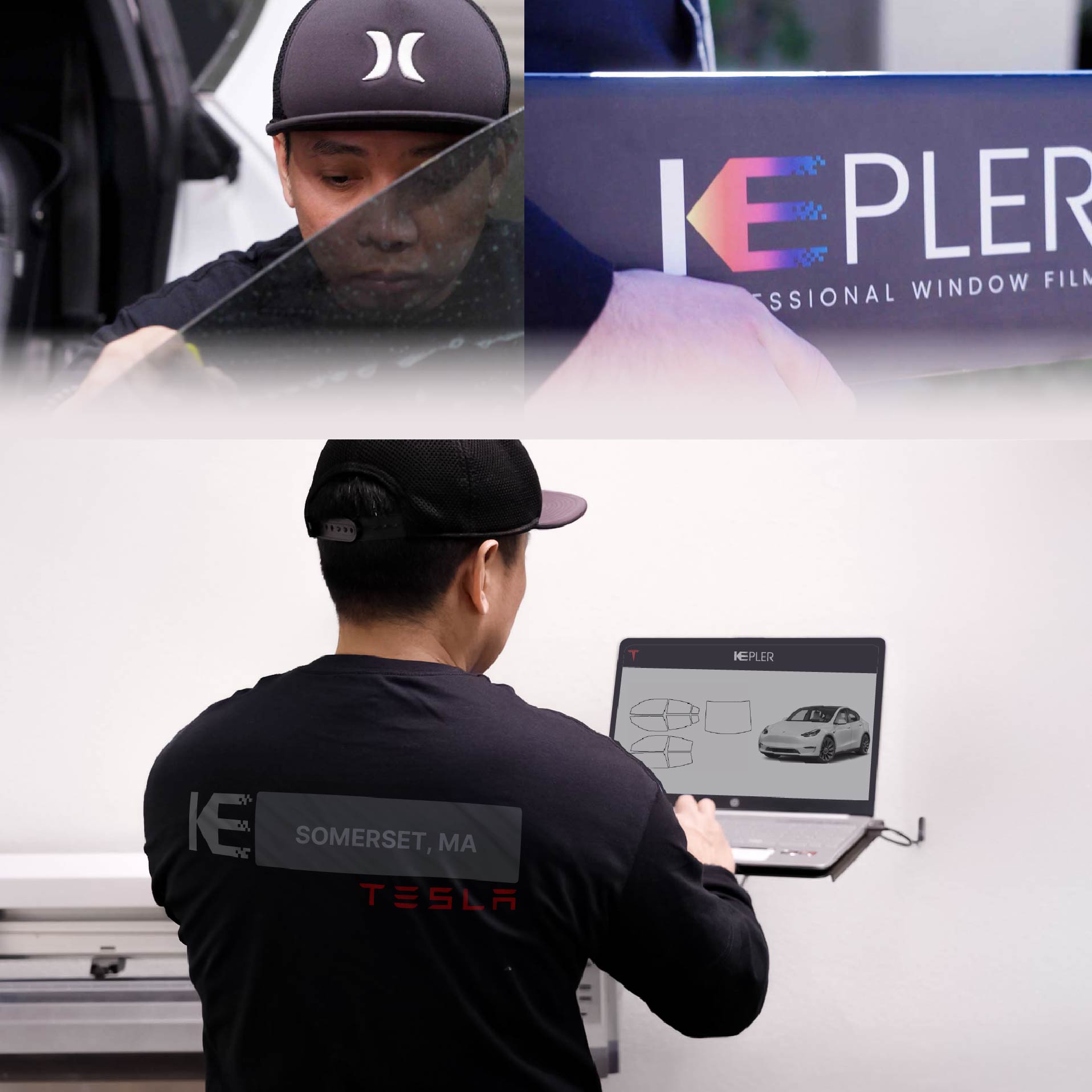 Kepler Technician Installing Ceramic Window Tint to Tesla in Somerset