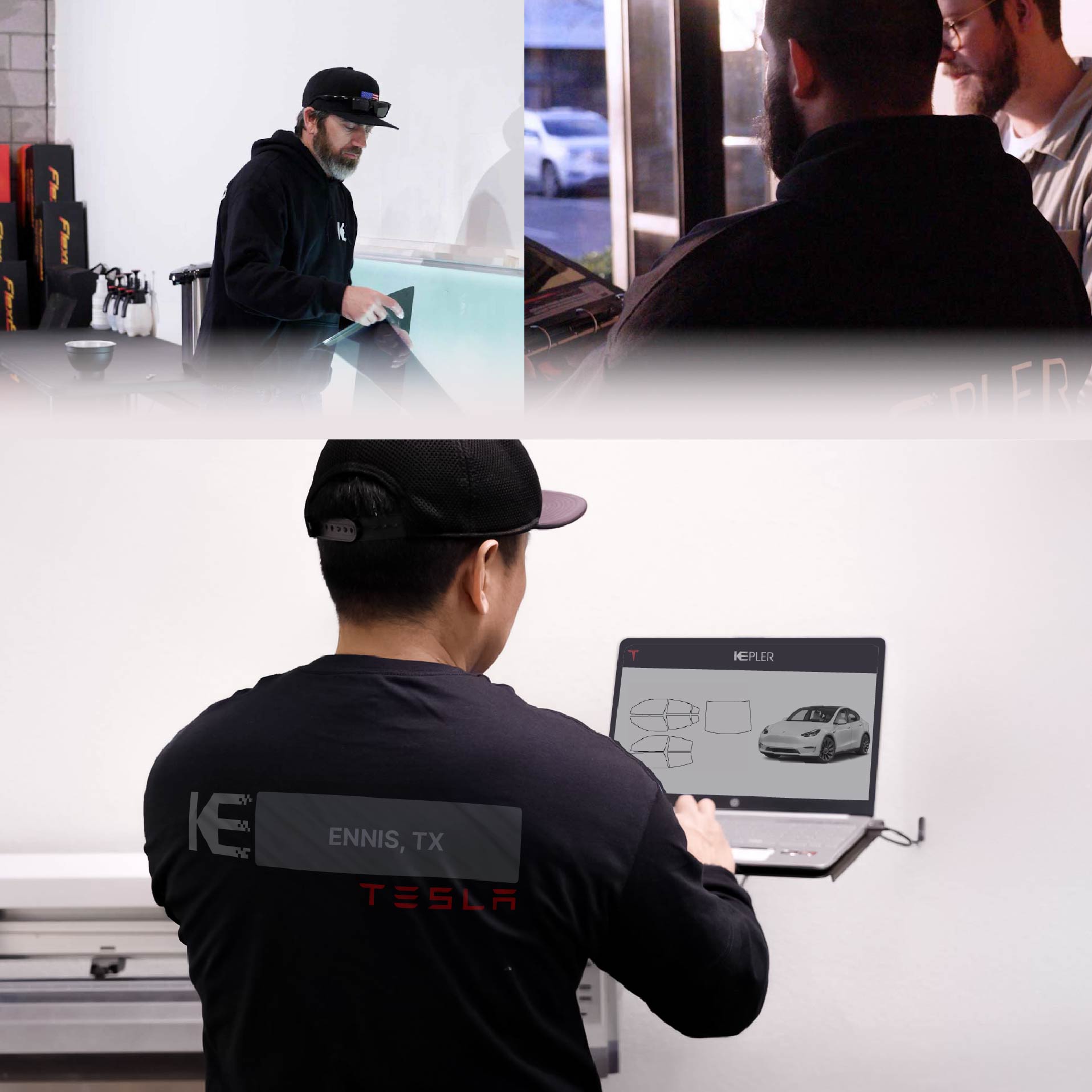 Expert Technician Applying Advanced Window Tint to Tesla in Ennis