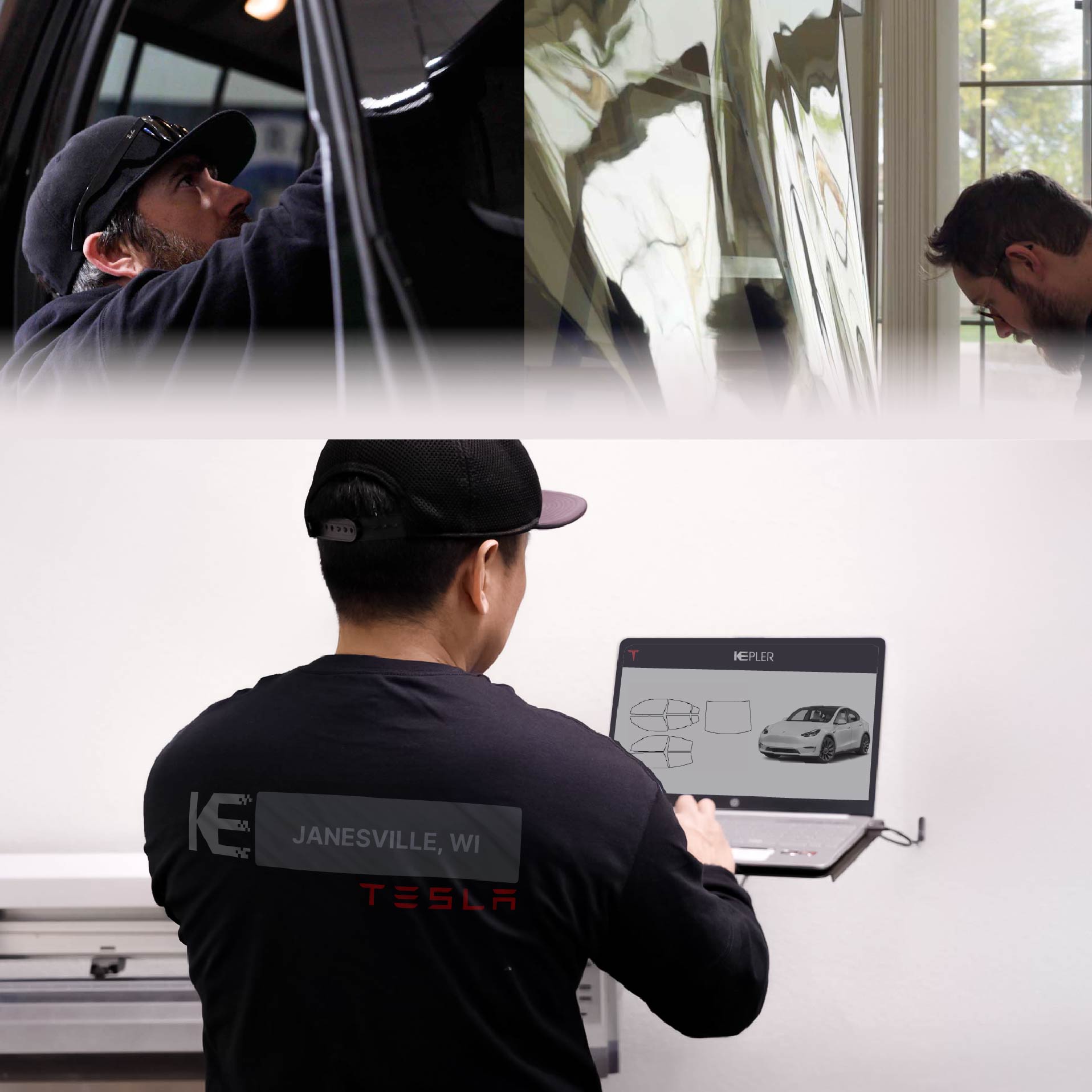 Kepler Technician Applying High-tech Window Tint to Tesla in Janesville