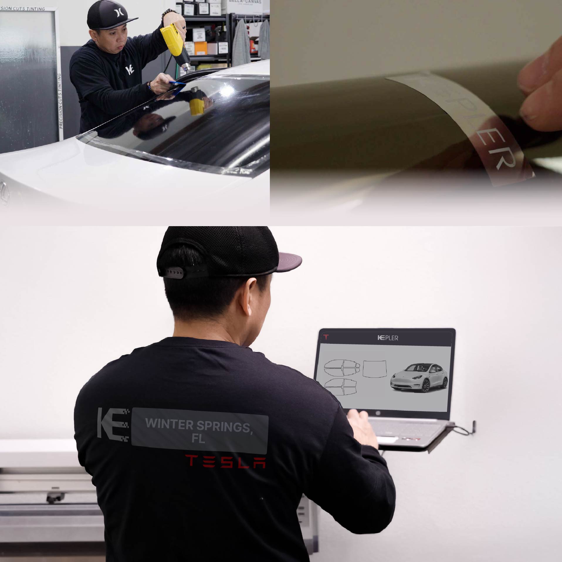 Kepler Technician Fitting Advanced Window Tint to Tesla in Winter Springs
