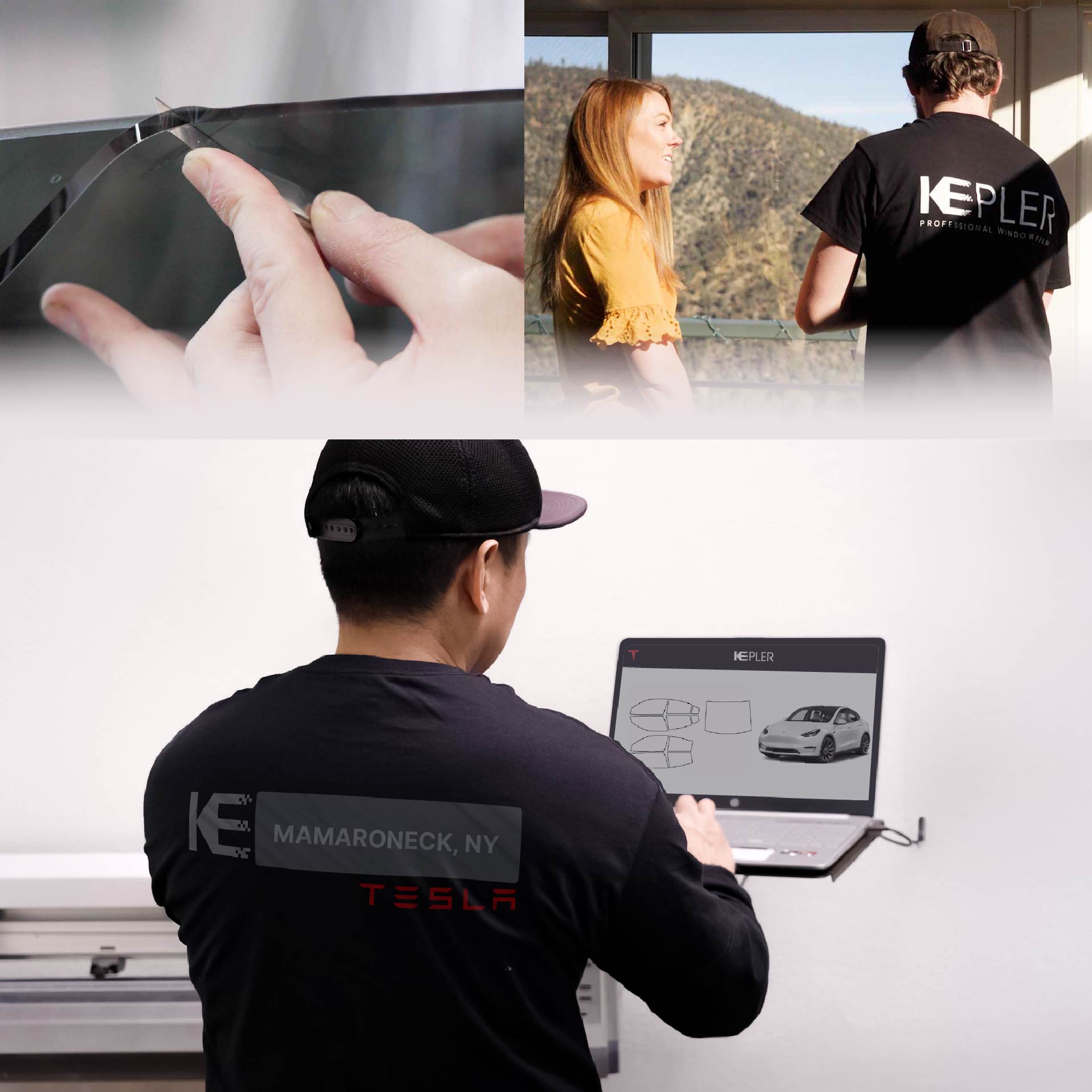Expert Technician Applying High-tech Window Tint to Tesla in Mamaroneck