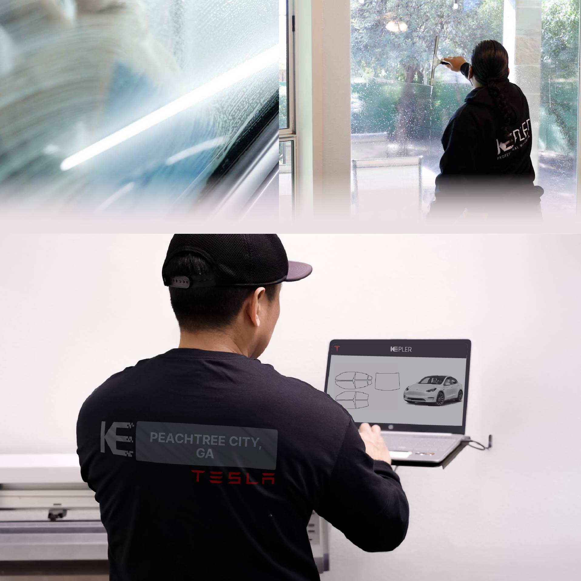 Expert Technician Fitting Ceramic Window Tint to Tesla in Peachtree City